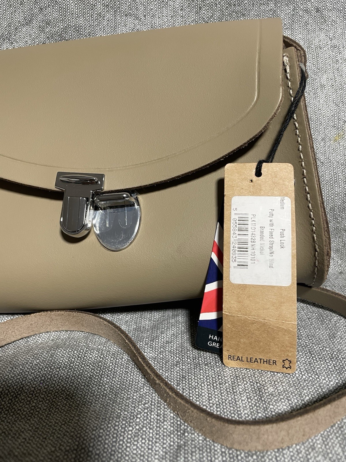 Cambridge Satchel Leather Beige Crossbody Bag Buckle Accent Push Lock Casual