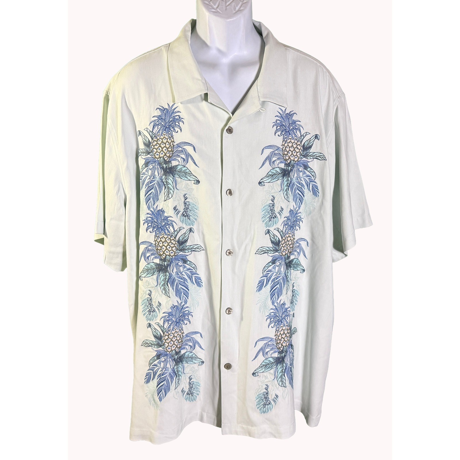 Tommy Bahama Button Up Shirt Mens XXXL Mint Green Silk Pineapple Embroidered