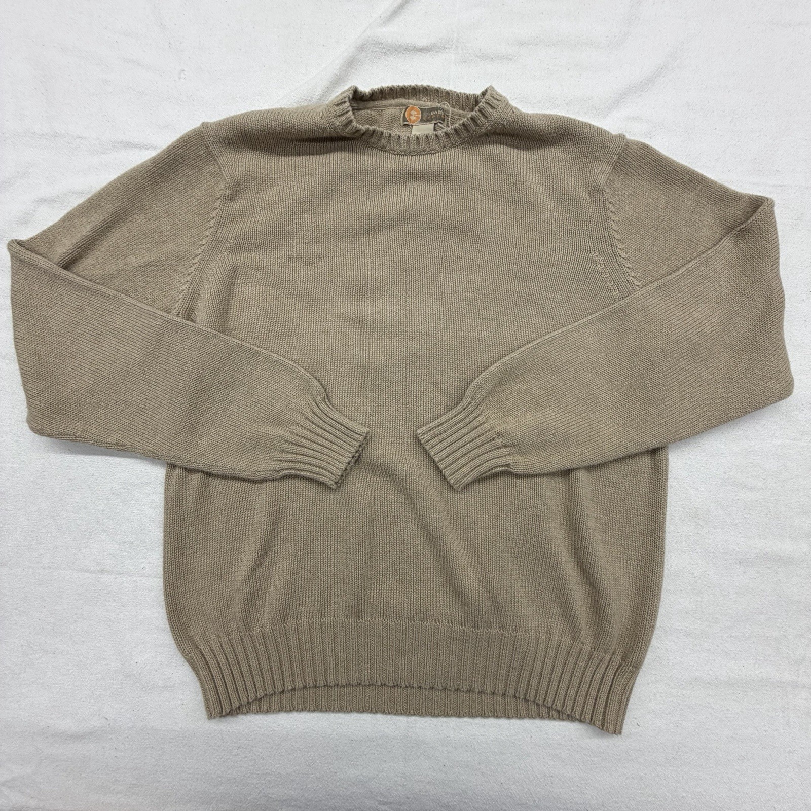 GH Bass Earth Mens Beige Ribbed 100% Cotton Sweater Sz LG Old Money Fall Warm