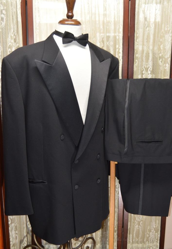 USA Tallia 52 R Custom Made Double breasted no vent wool dinner tuxedo suit g3j5