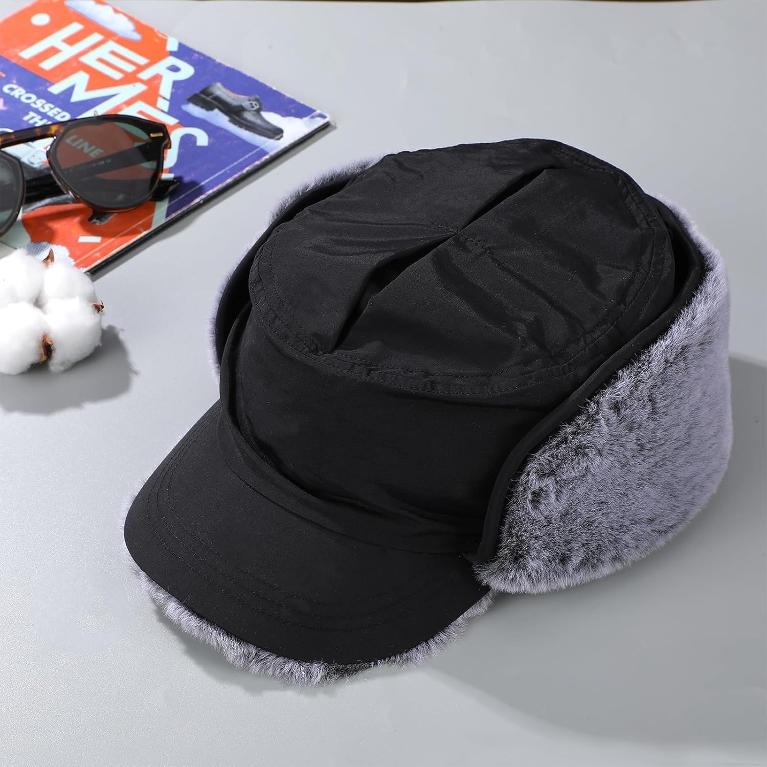 Men’s Winter Hat with Visor Warm Earflaps Hat Fully Lined Faux Fur Hunting Hats