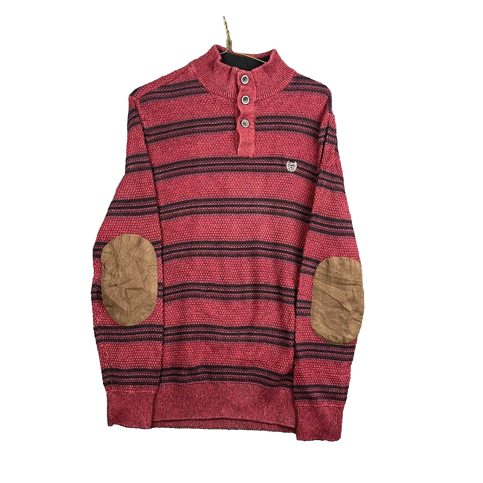 Chaps Jumper Mens Medium Red 1/4 Button Striped Elbow Pads Pullover Long Sleeve