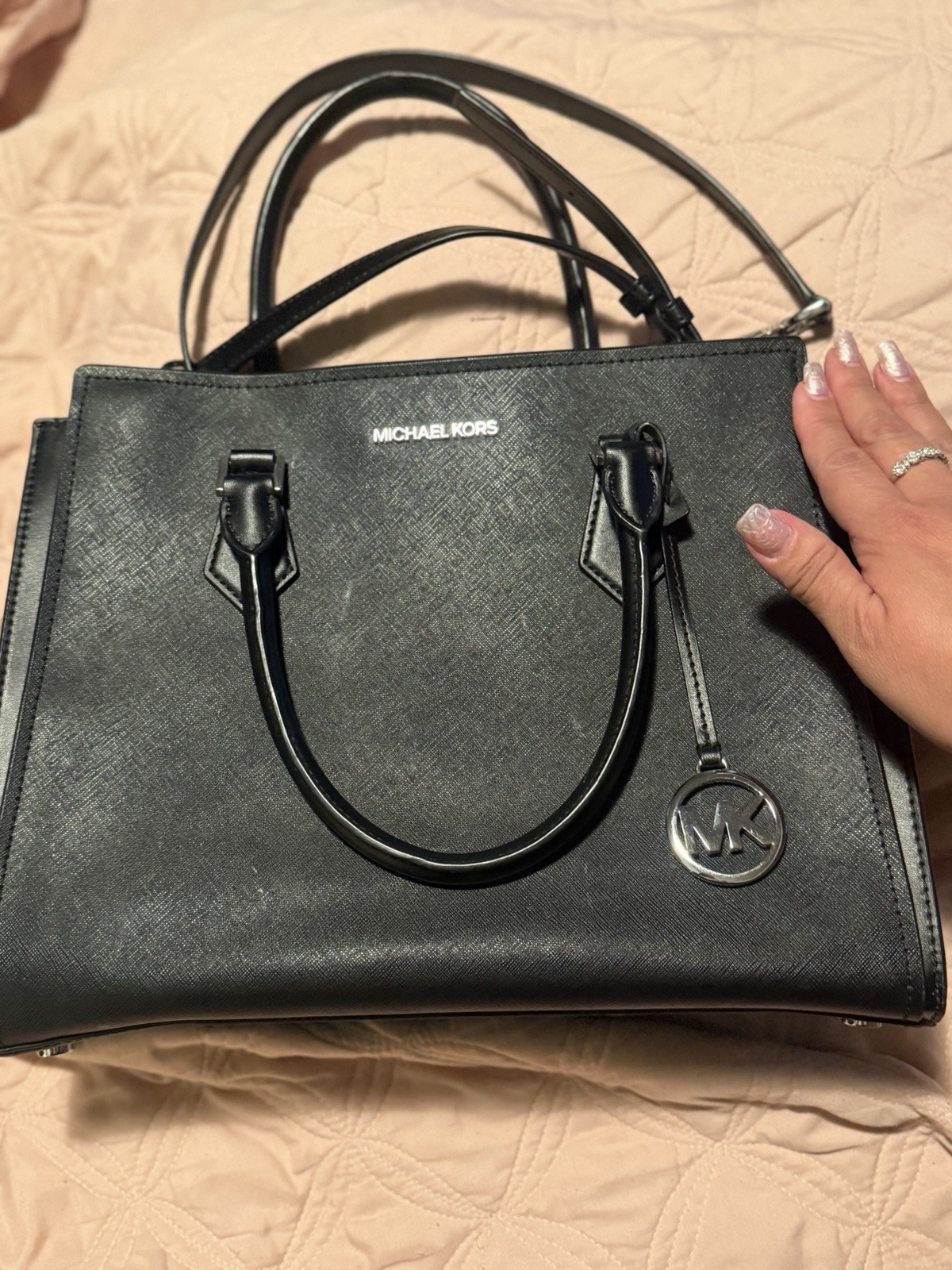 Michael Kors Black Medium Satchel Top Handle Zip, Logo Charm, Inner Pockets