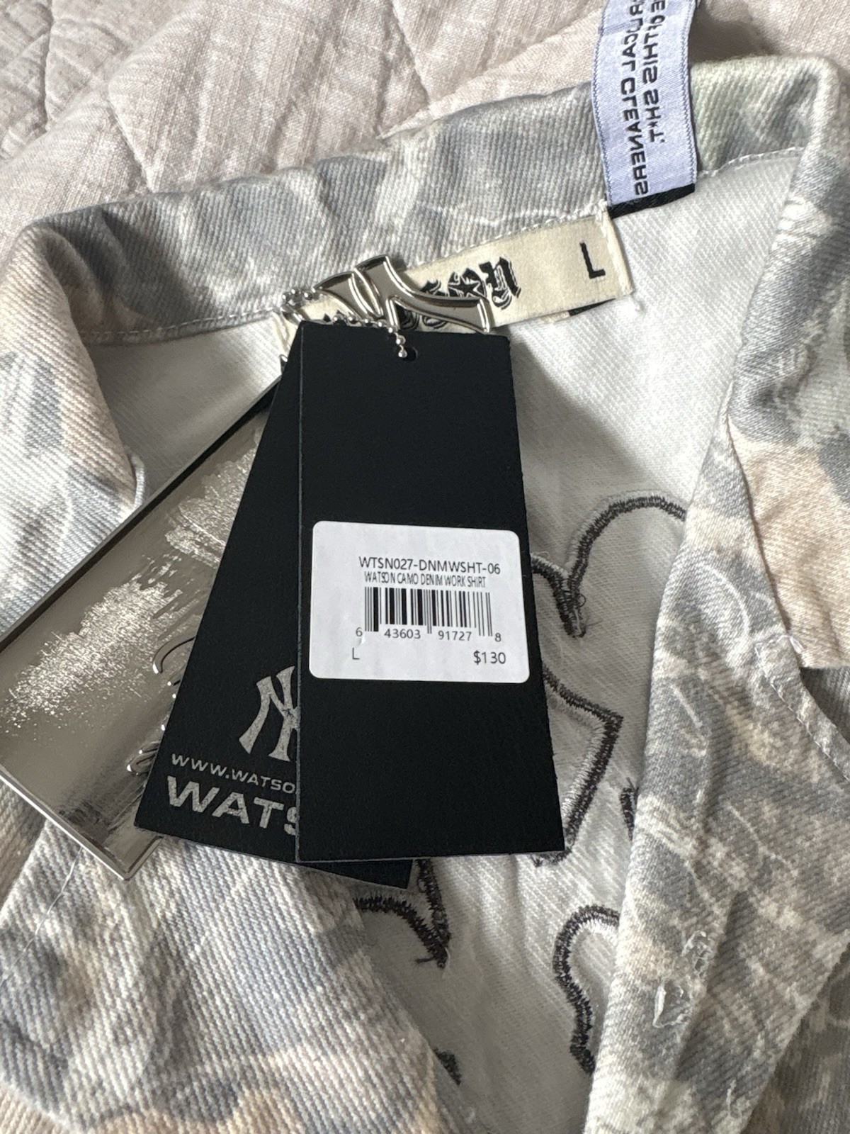 Watson Men’s Camo Denim Jacket Button-Up Pockets Studded Logo Gray/Beige L