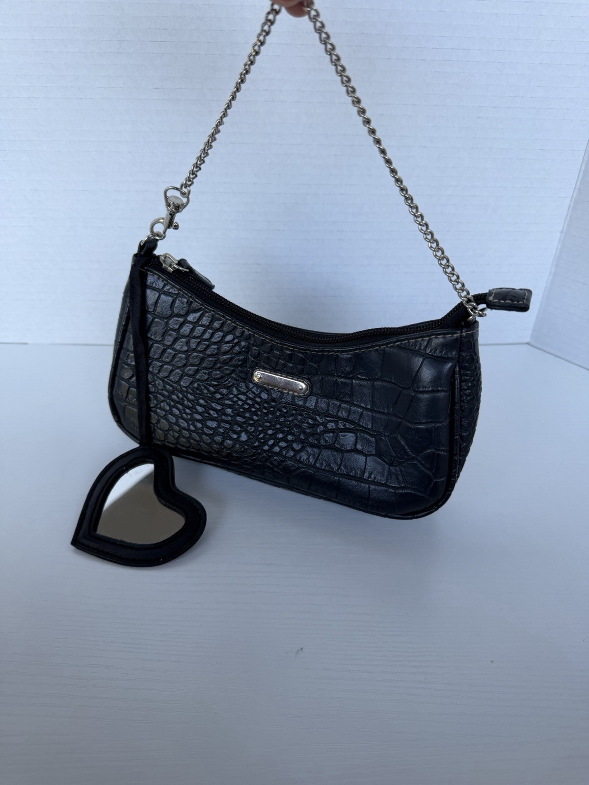 Black Crocodile Pattern Small Shoulder Bag Silver Chain Strap Zip Lined