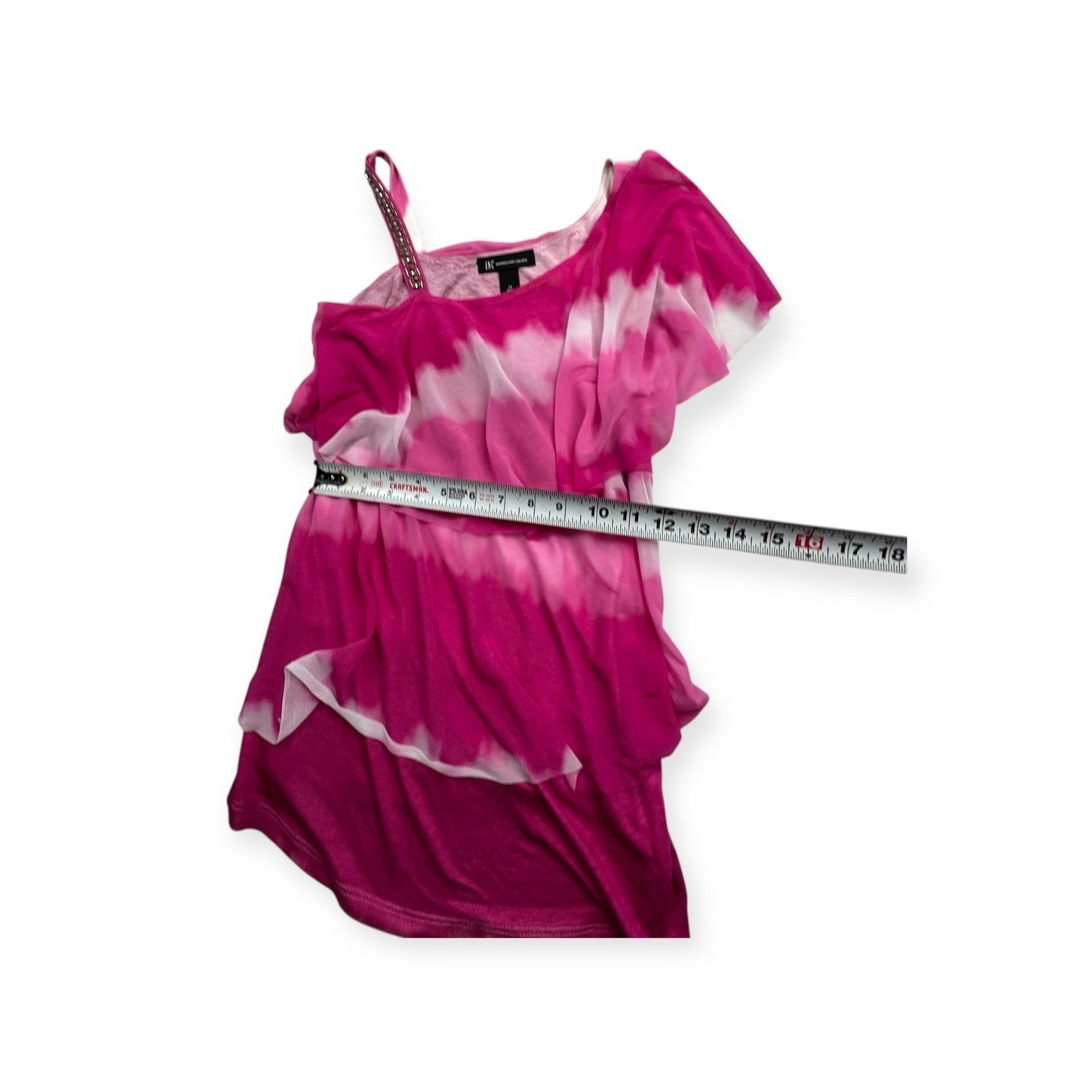 INC International Concepts Pink Tie Dye One Shoulder Ruffle Top Rhinestone Strap