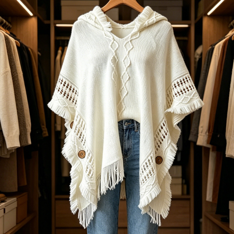 Off White Hooded Fringe Poncho Wrap for Travel Party Casual Use