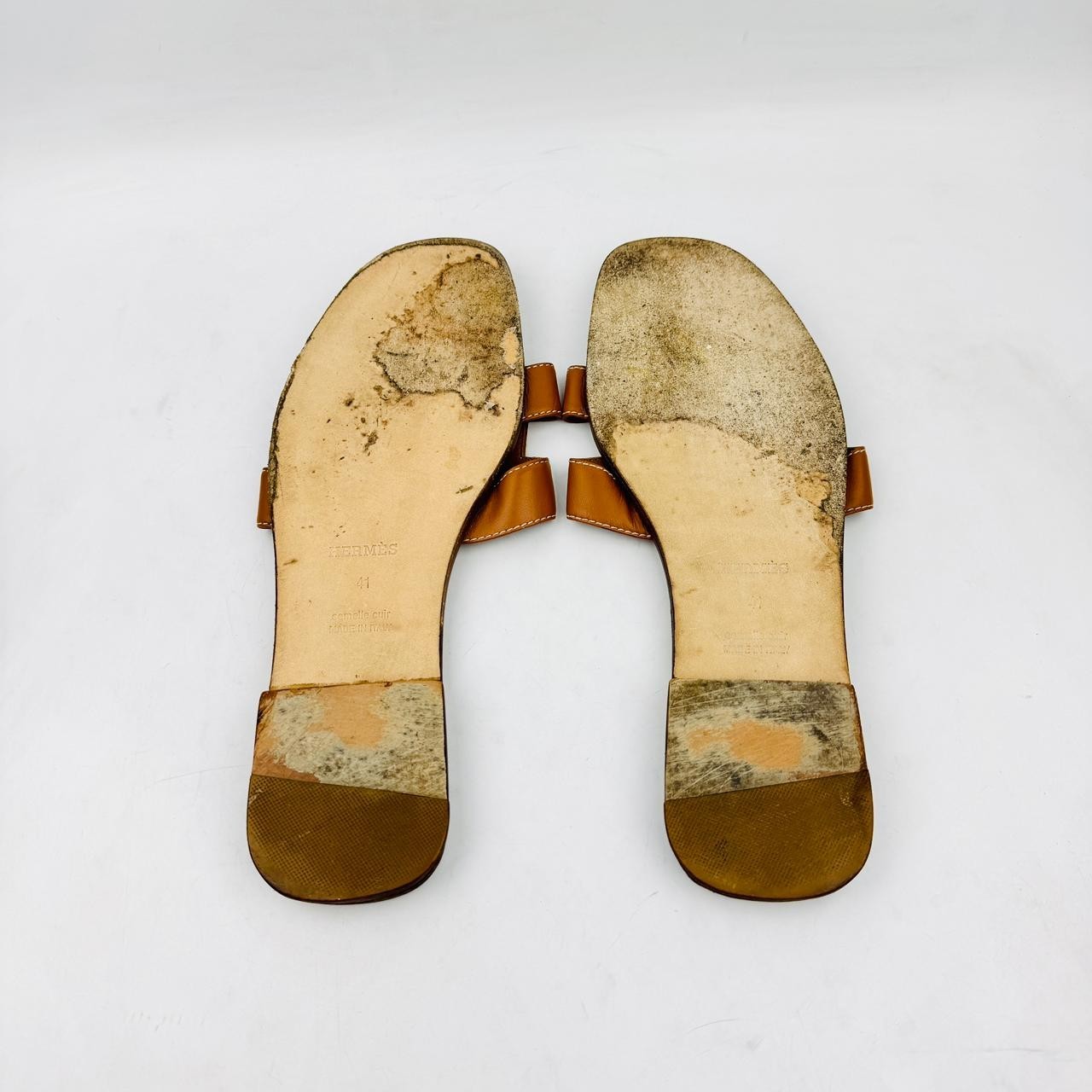 Hermes Oran H Slide Sandals Gold Tan Leather Womens EU 41 US 10.5 Italy Luxury