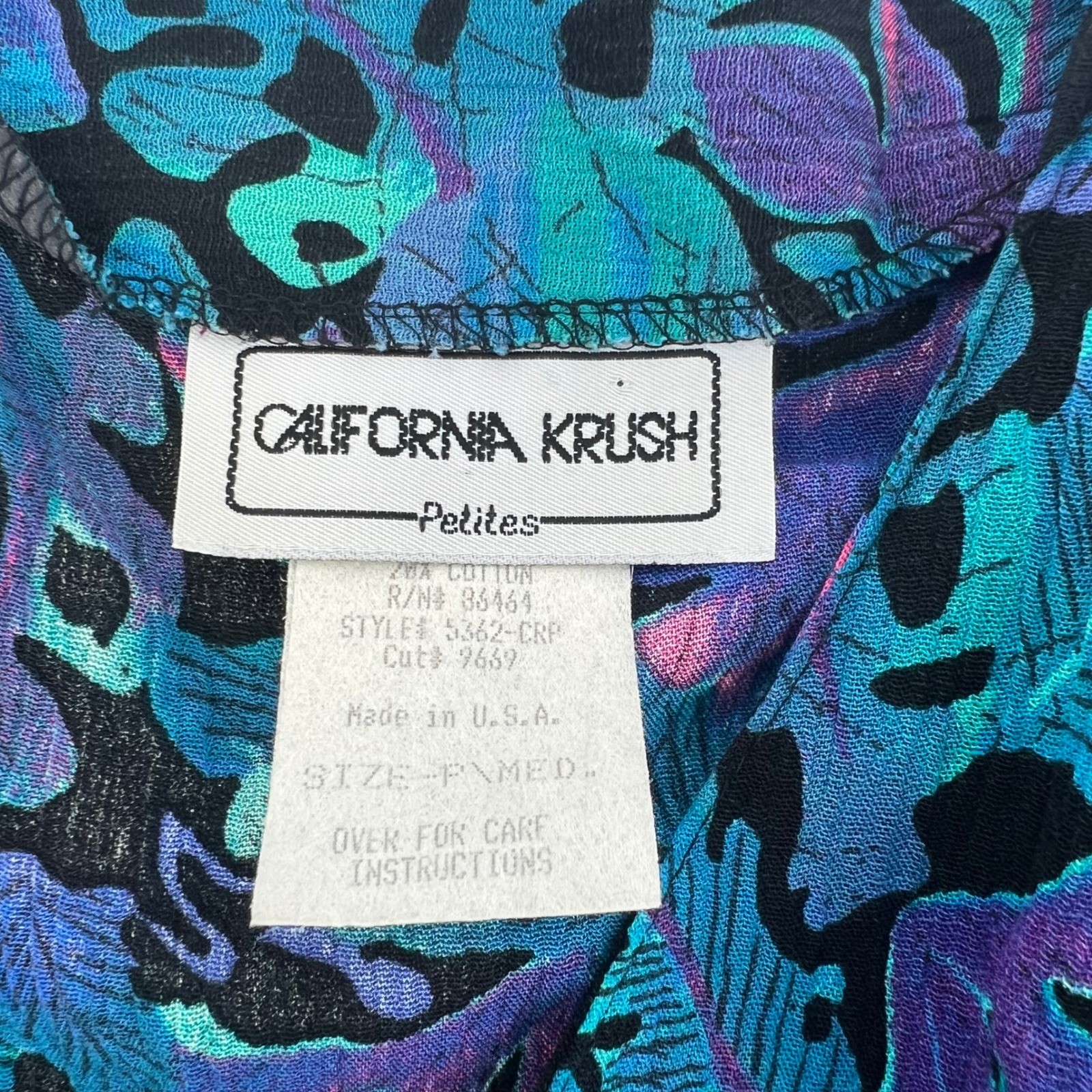 Vintage 90s California Krush Rayon Blouse Petite Tropical Floral Made USA Teal