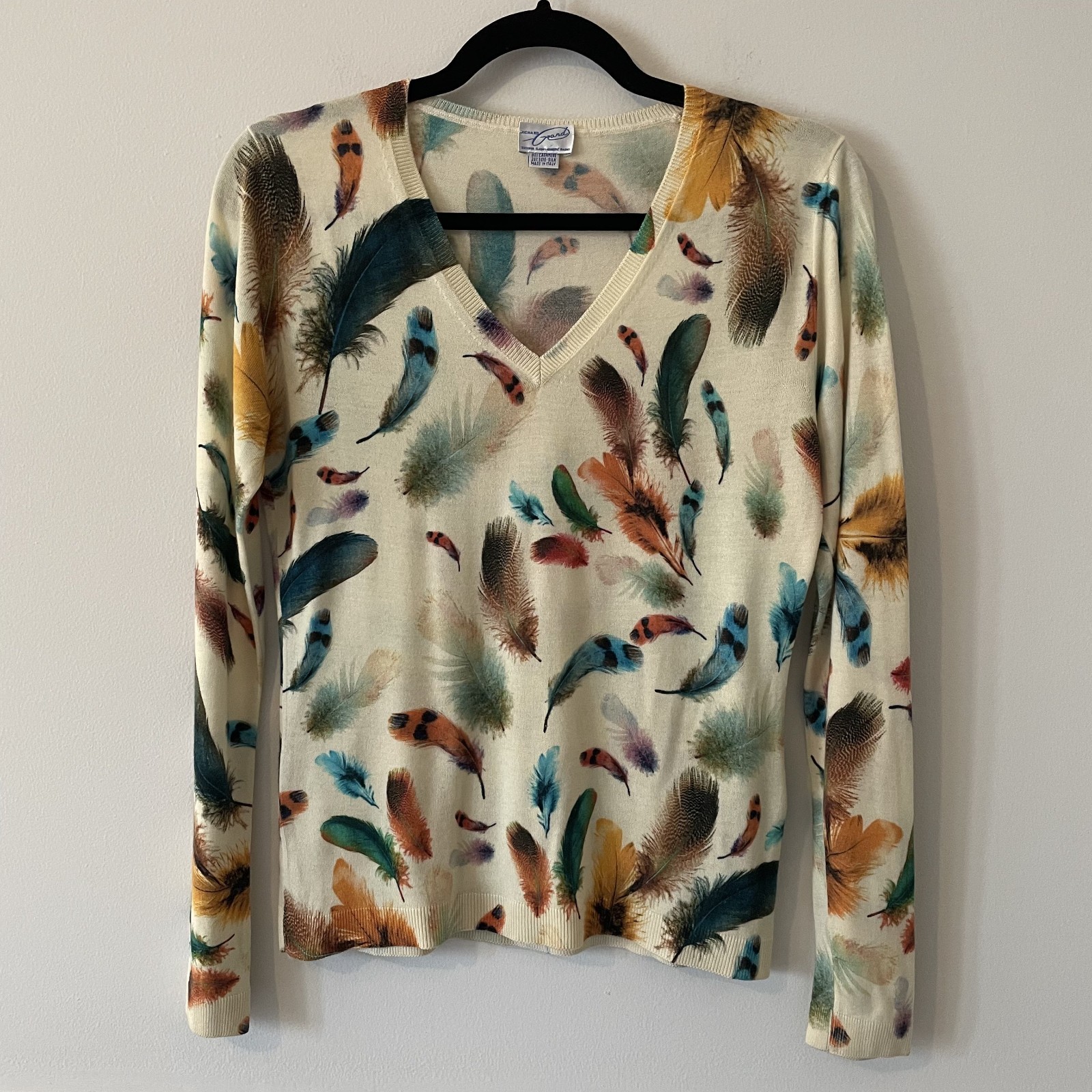 Richard Grand Cashmere Silk Feather Printed Knit Sweater Size S Novelty Luxury