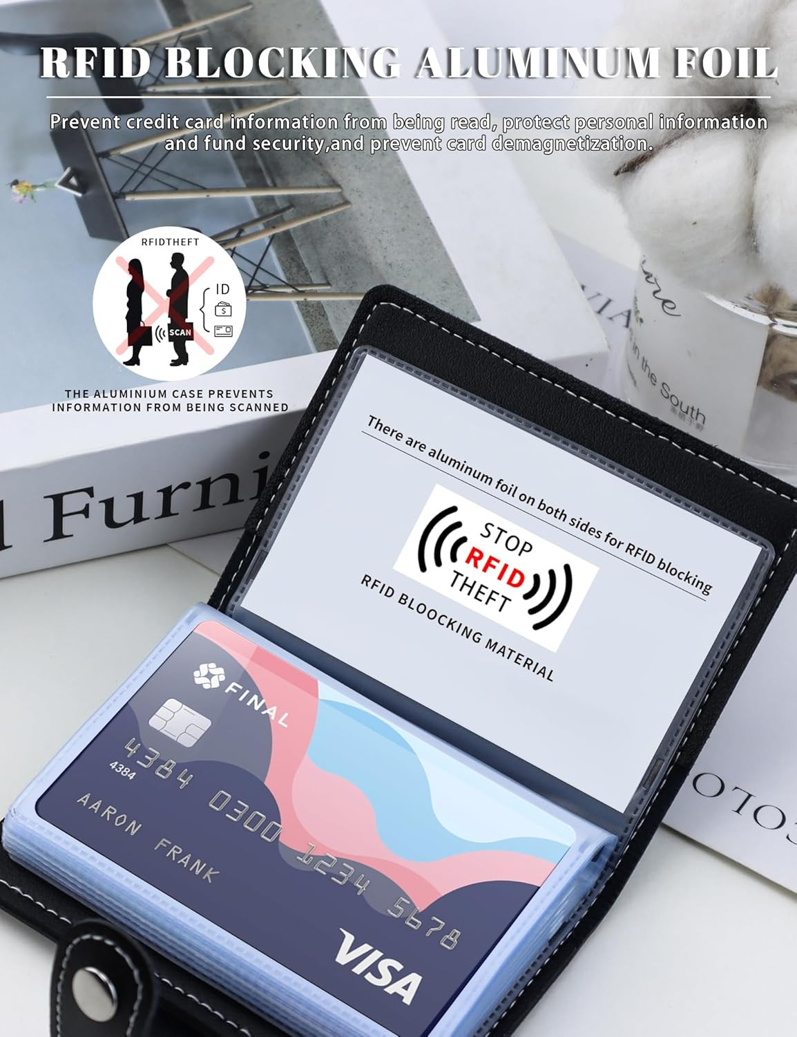RFID Blocking Leather Business Card Holder with 26 Slots and Snap Closure