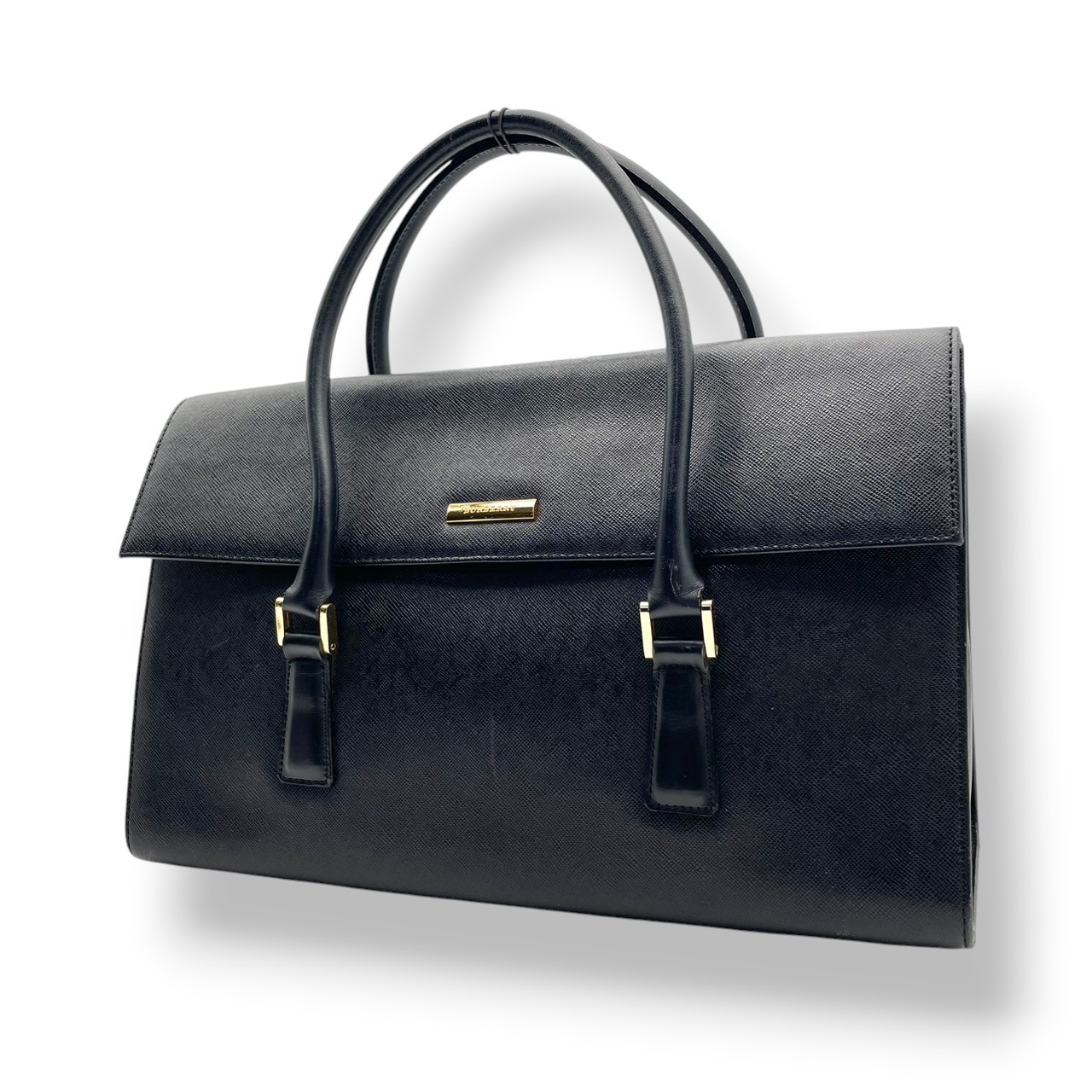 Authentic BURBERRY Saffiano Leather Flap Handbag Black Nova Check Vintage