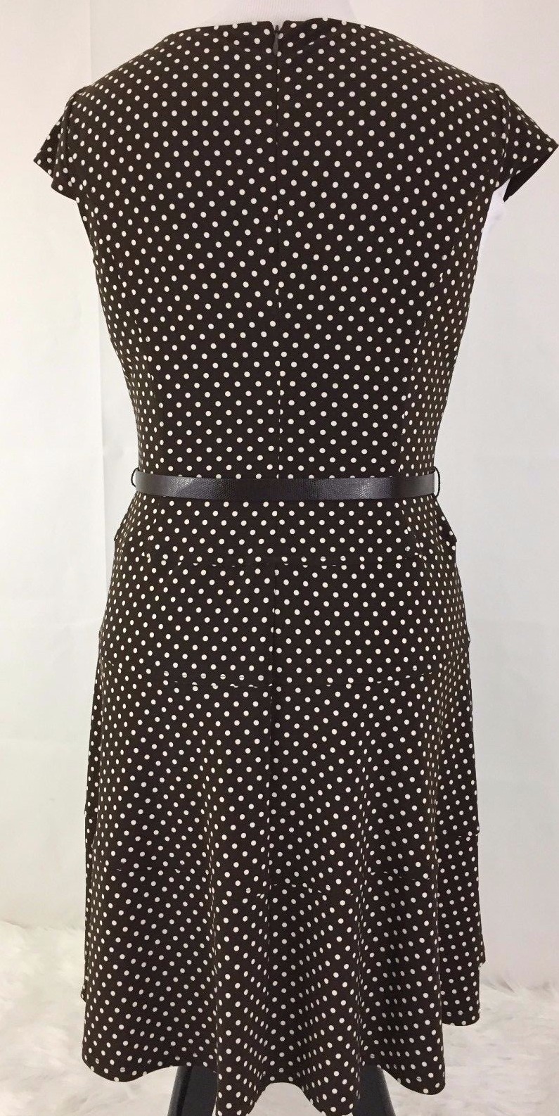 Size 12 Petite Dress Brown White Polka Dot Lined Belt Anne Klein