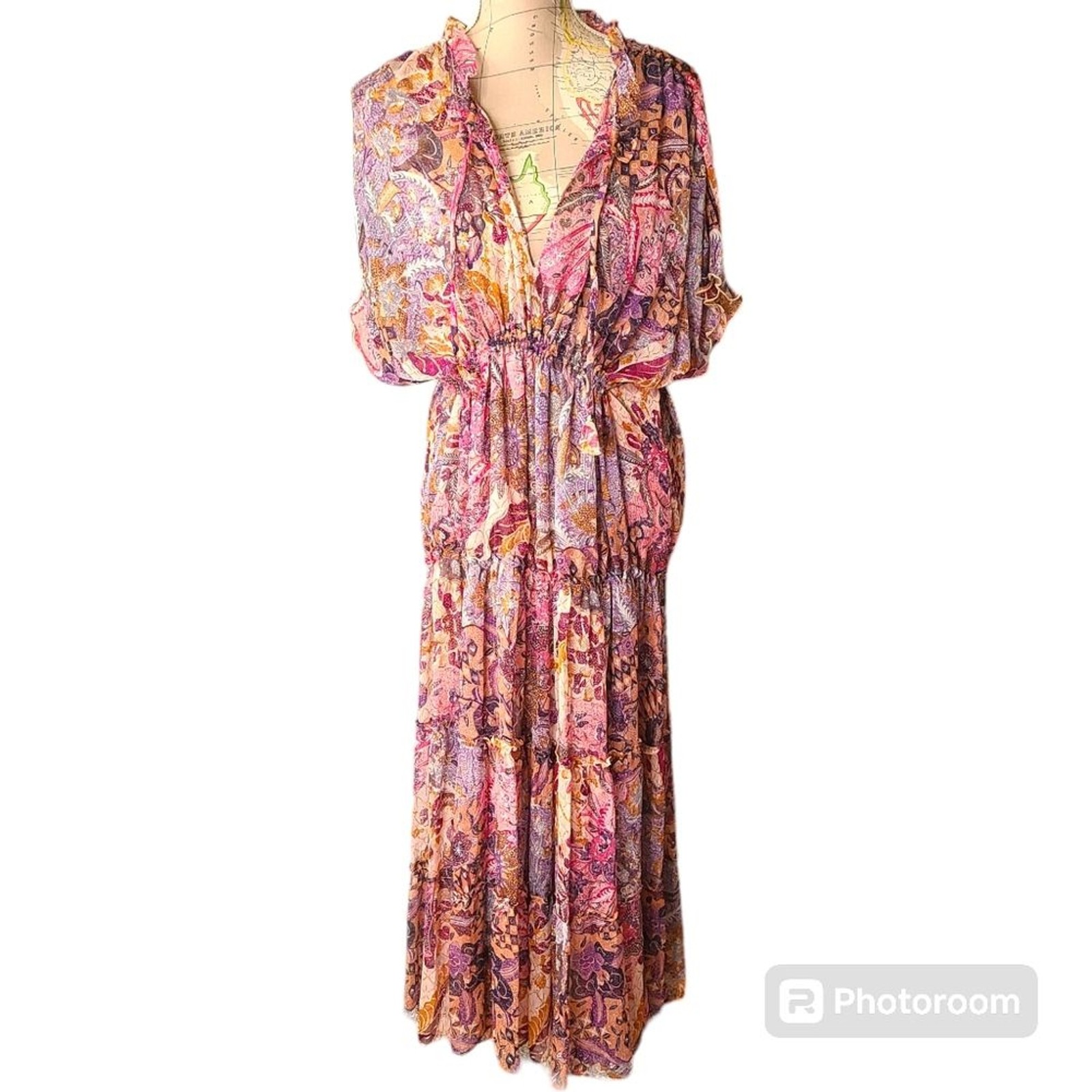 MISA Los Angeles Size Large Ilya Boho Pink Batik Sheer Short Sleeve Midi Dress