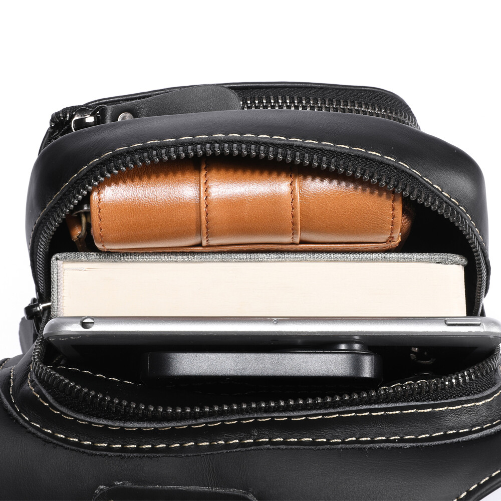 Chest bag Mens 100% Genuine Leather Shoulder Bag Sling Backpack Daypack Travel