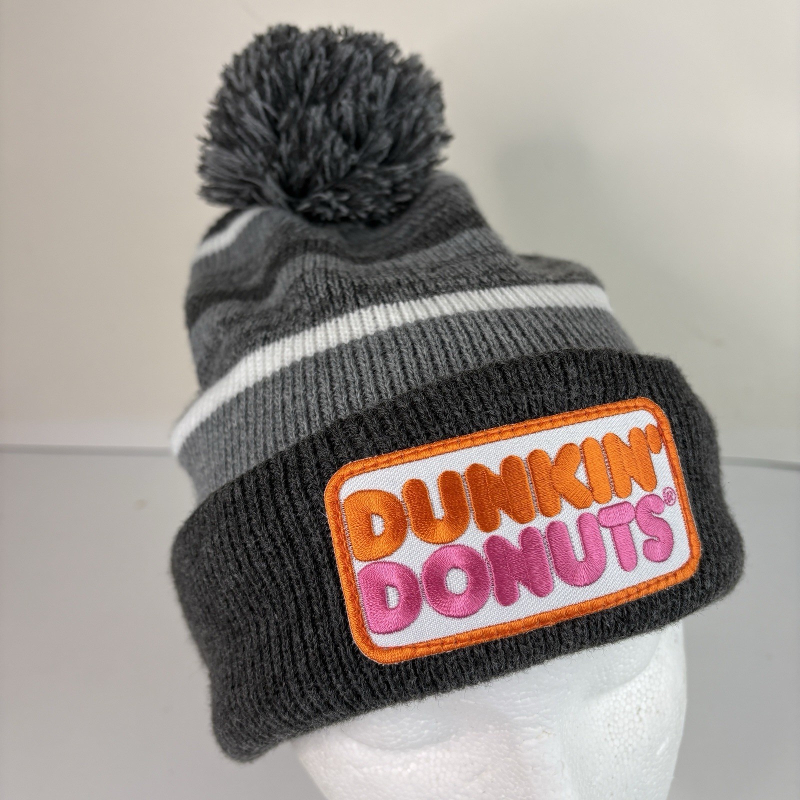 Dunkin’ Donuts Logo Beanie Pom-Pom Winter Hat Cap Gray One Size 100% Acrylic