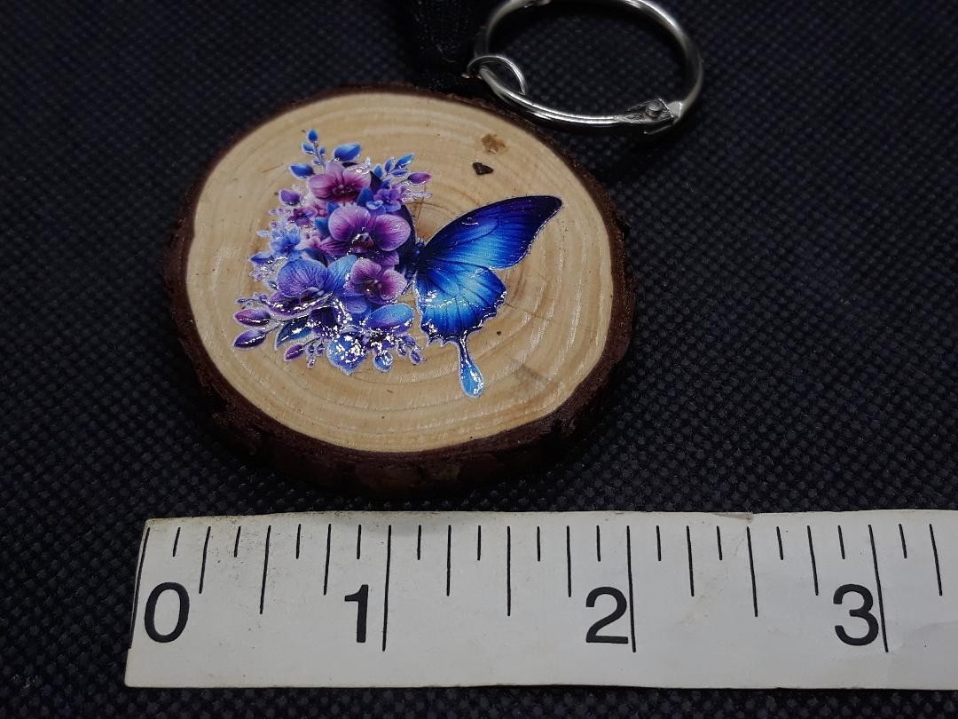 Beautiful Handmade Flowers & Butterfly Wood Round Keychain Tag Key Ring