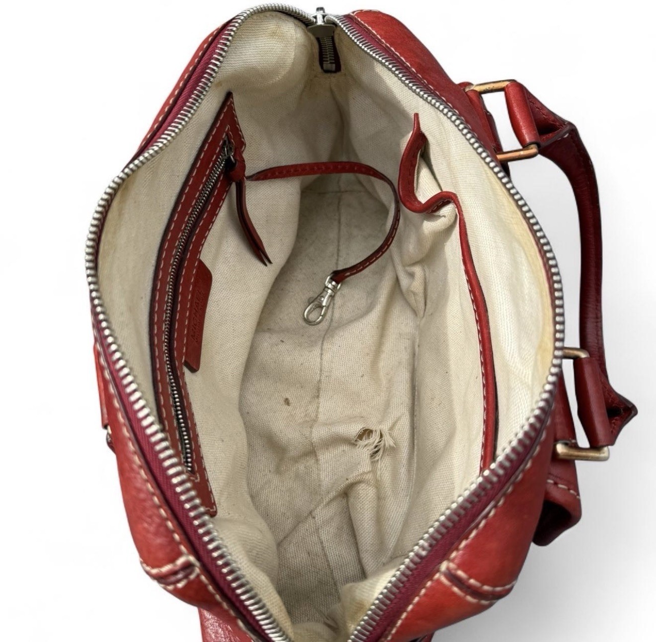 Michael Kors Red Satchel Top Handle Bag with Zipper, Buckle Accent
