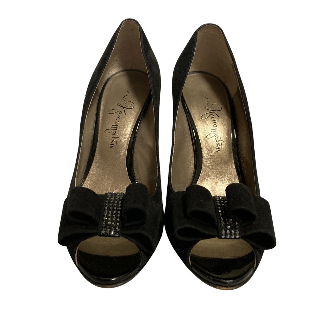 Ginza Kanematsu Suede Ribbon Open-Toe Pumps, Size 9.3, Black Women USED