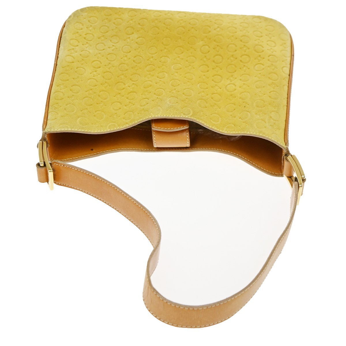 CELINE Logo C Macadam Pattern Shoulder Bag Suede Leather Yellow GHW 38KD150