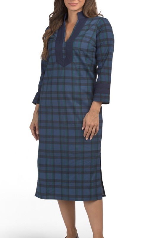 NWT Sail to Sable Blackwatch Plaid Cotton Long Sleeve Caftan Dress Resort M $188