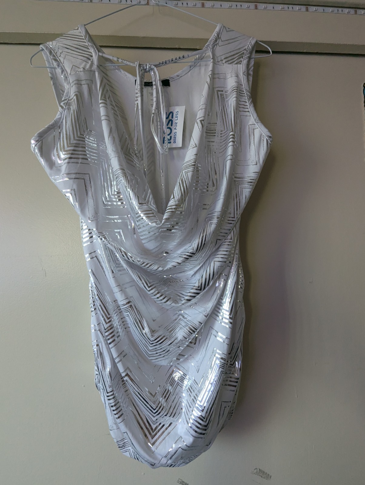 City Halo Geometric Cowl Neck Sleeveless Sheath Dress White/Silver Foil XL
