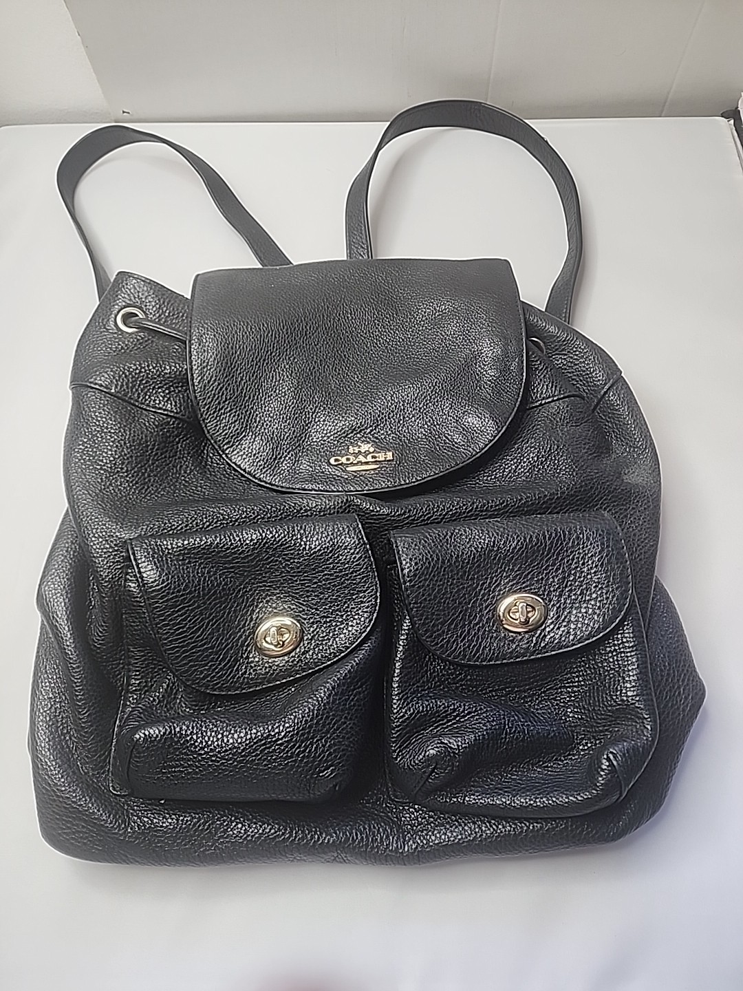 Coach Billie Black Pebbled Leather Turn Lock Drawstring Backpack F37410