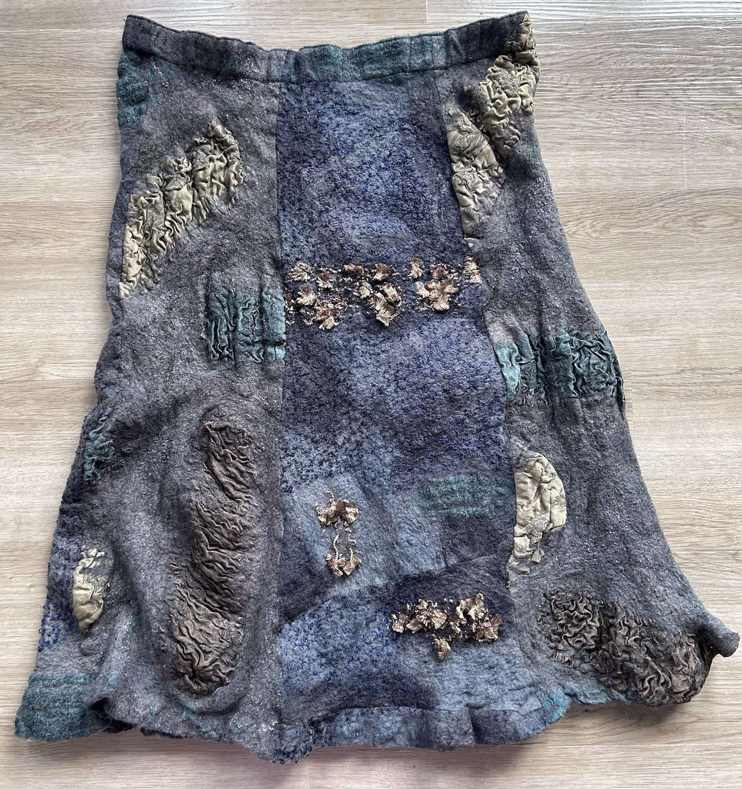 NWOT Wool Blend Patchwork Midi Skirt in Charcoal and Olive Size M/L