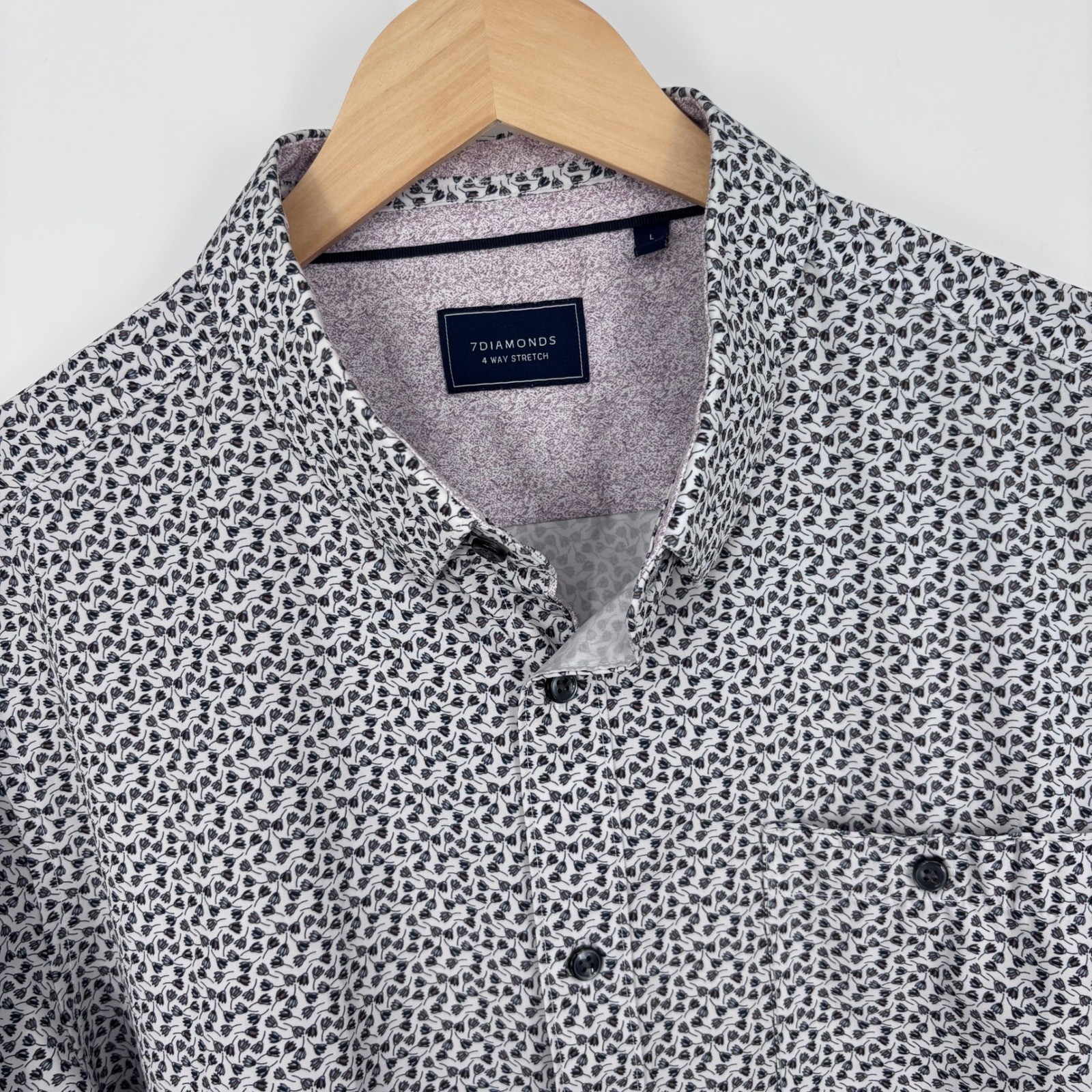 7Diamonds 4 Way Stretch Shirt Mens L “Sunday Best” White Floral AOP Performance