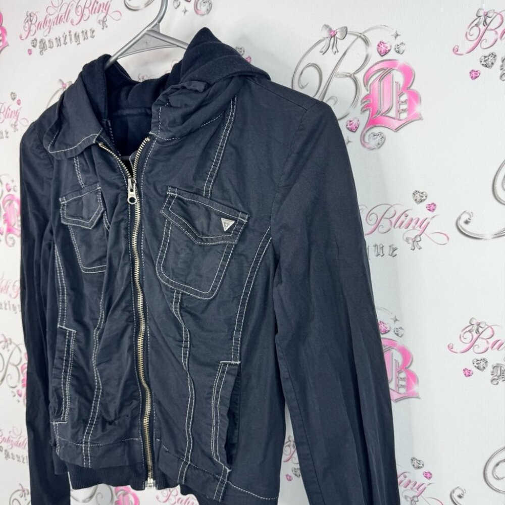 Guess jacket hood zip up logo pockets cargo Black Utility Jacket for Women