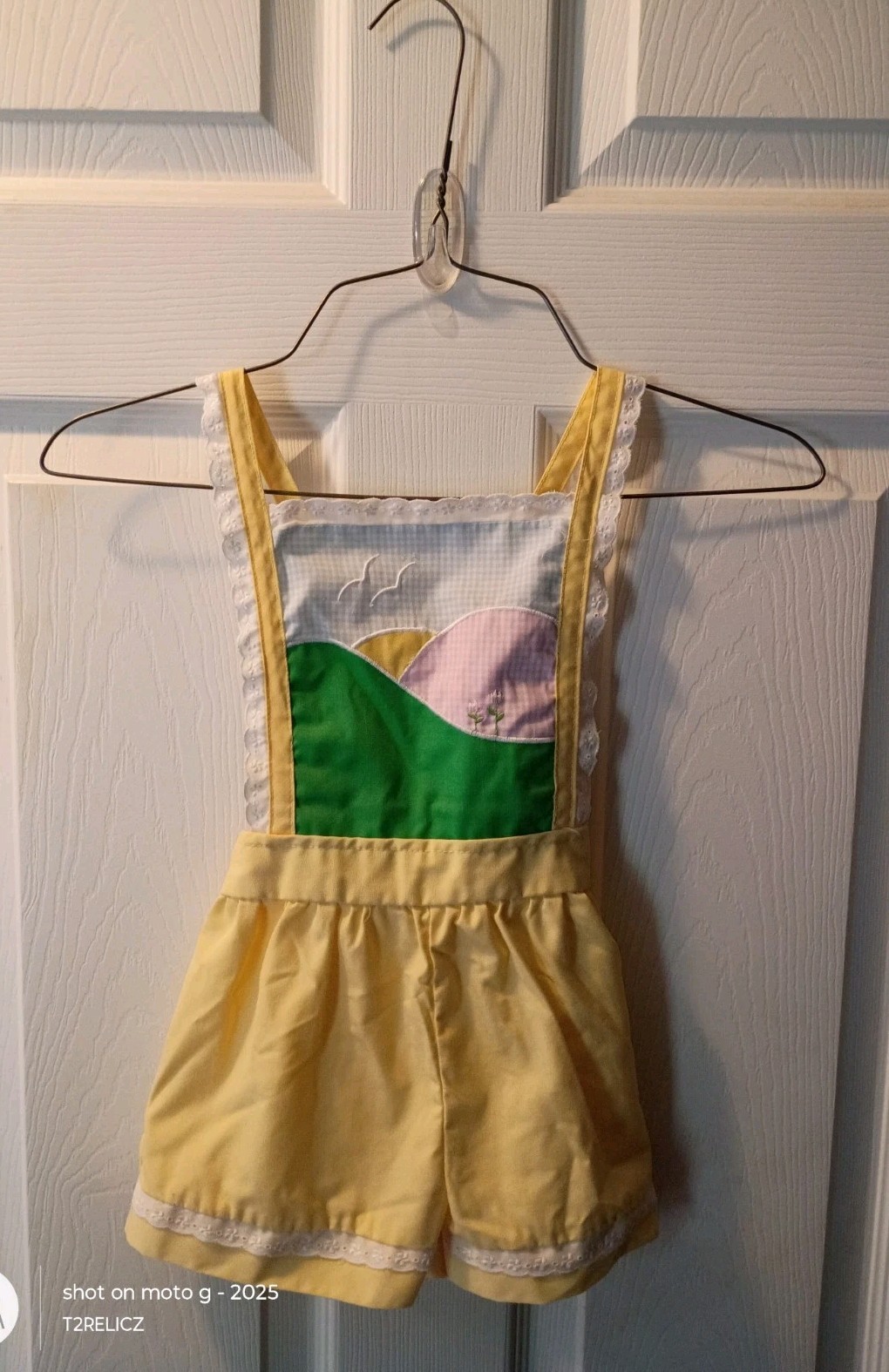 Vtg 3T Summer Embroidered Yellow Jumper~Gender Neutral-Field/Birds/Sky~USA Made