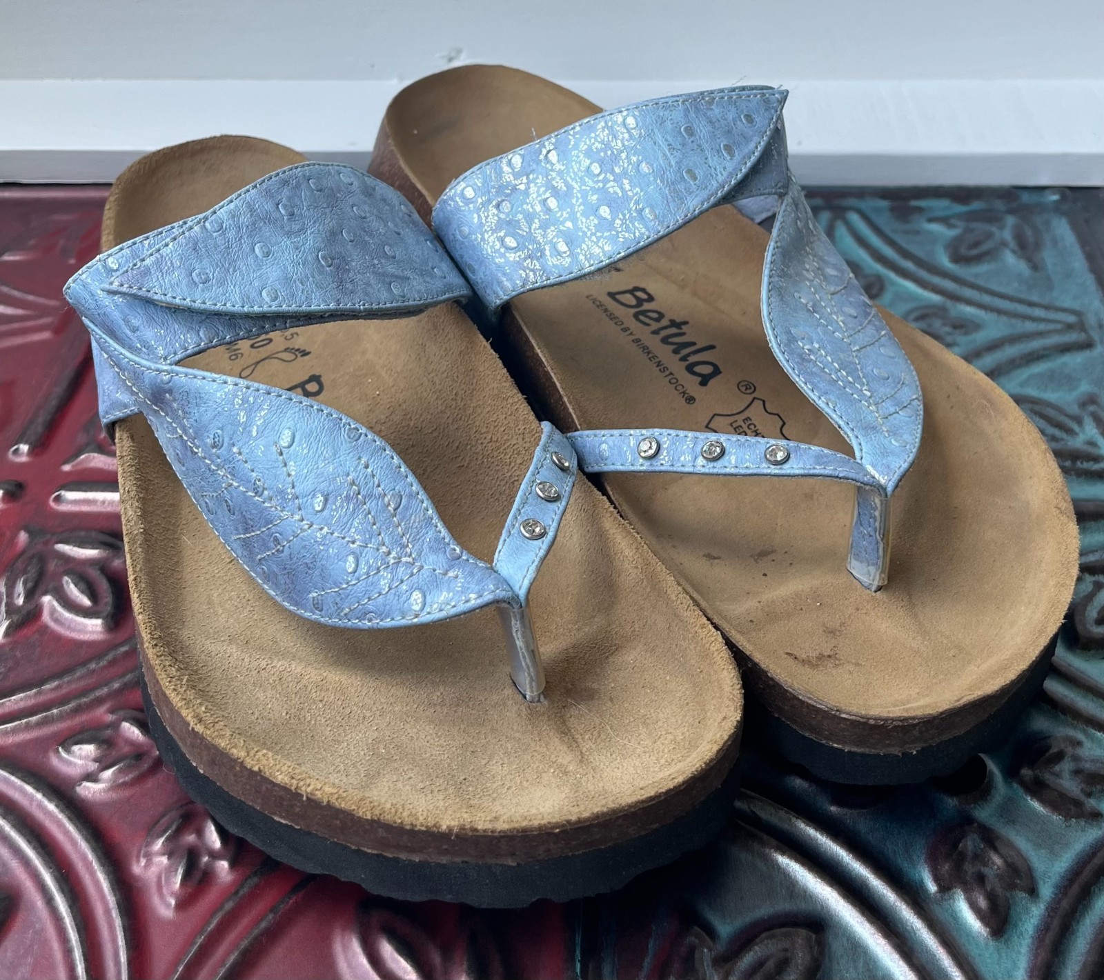 Betula Birkenstock Bombay Leaf Sandal Womens 8 EU 39 Blue Leather Birko Flor