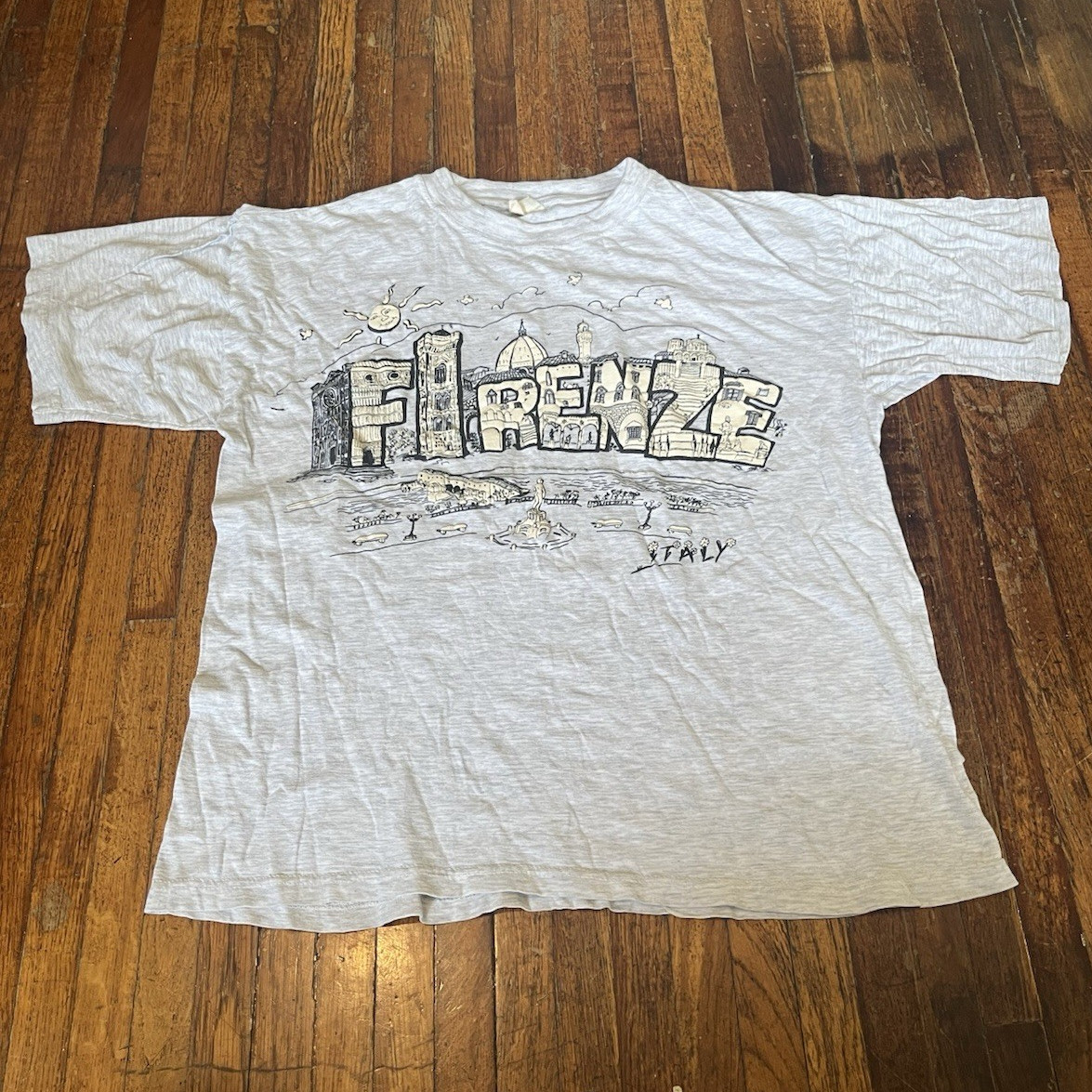 Vintage Firenze Florence Italy Shirt Mens L Gray Graphic Print Crew Neck Tee