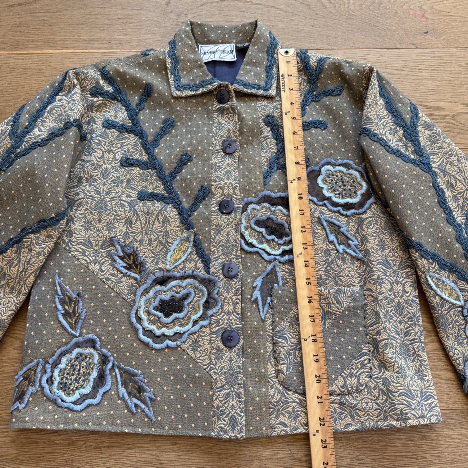 Silverstream Floral Applique Tapestry Jacket Blue Gold Cotton One Size Art Wear