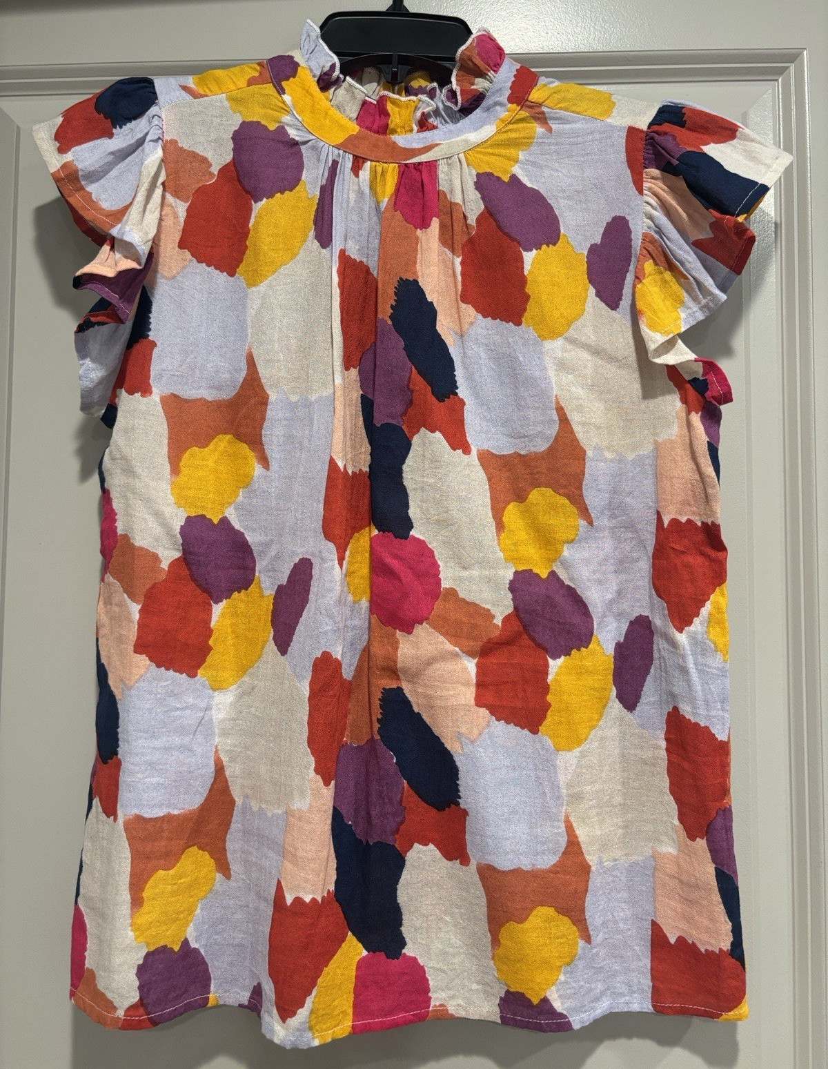 THML Women’s Multicolor Abstract High Neck Ruffle Flutter Sleeve Blouse S