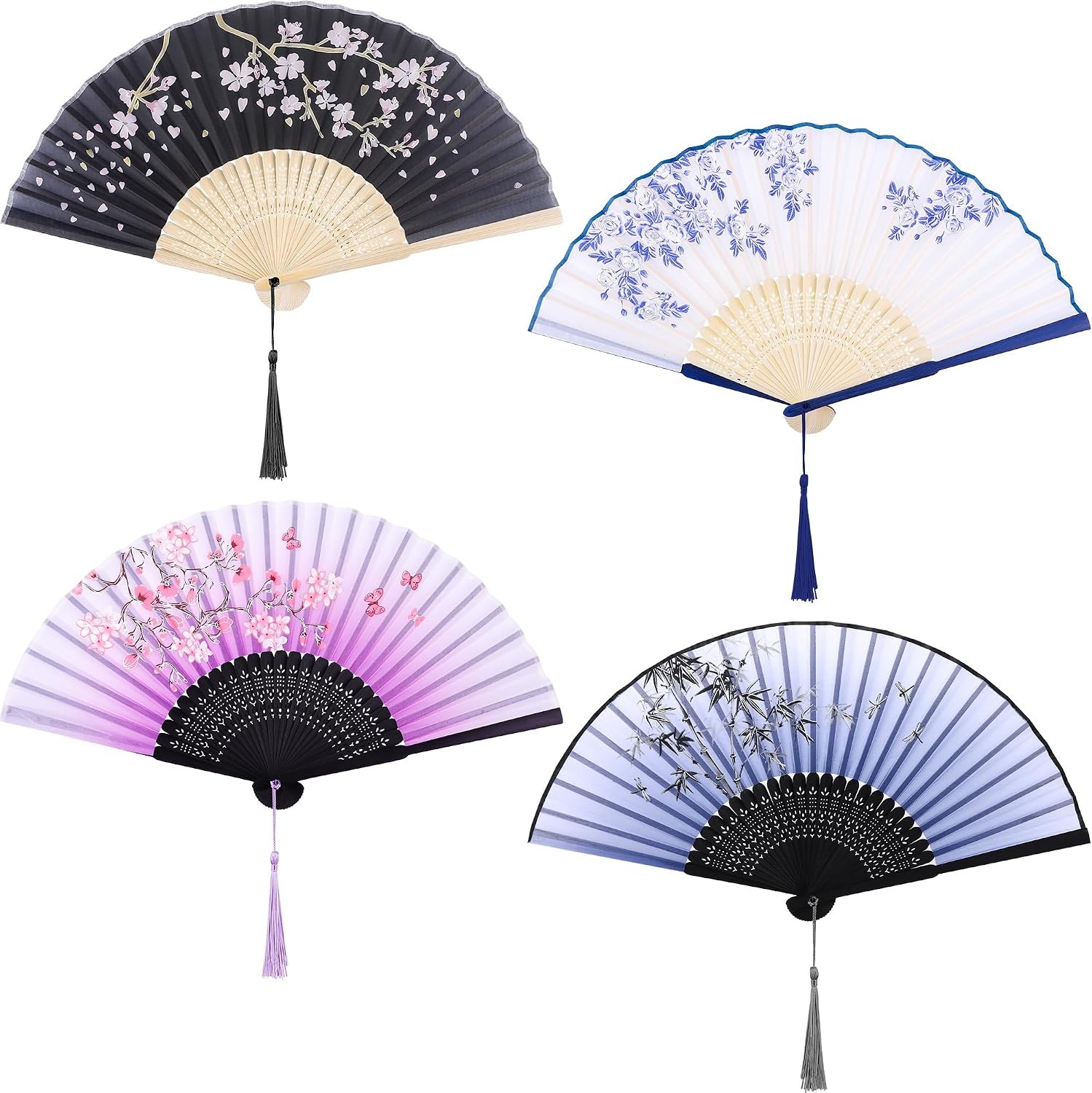 4 Pieces Folding Fans, Silk Fabric, Hand Holding Fans, Retro Style, Color D