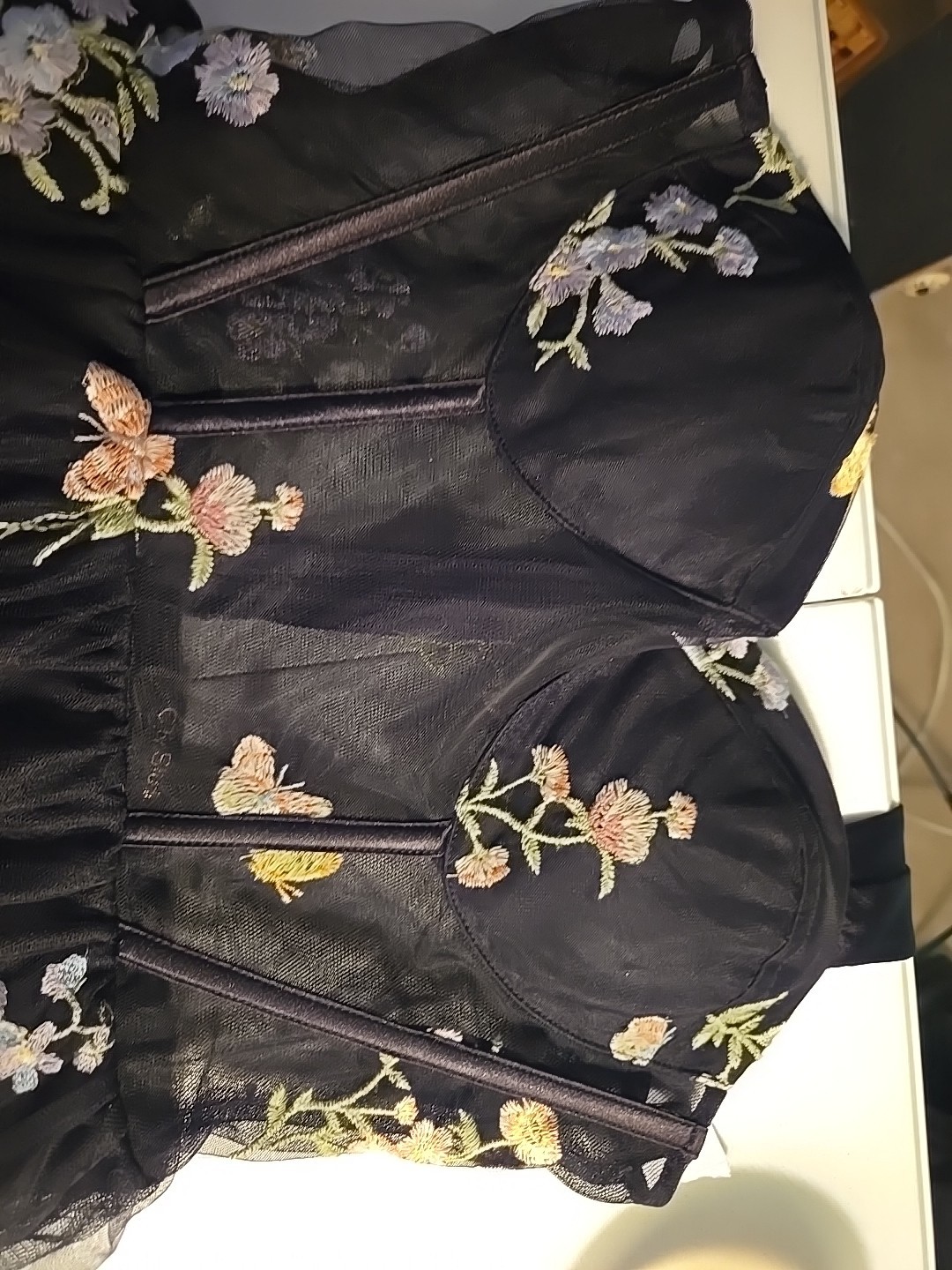 Party Neutral Black Pink Floral Embroidered Fit & Flare Mini Dress Size 3/4