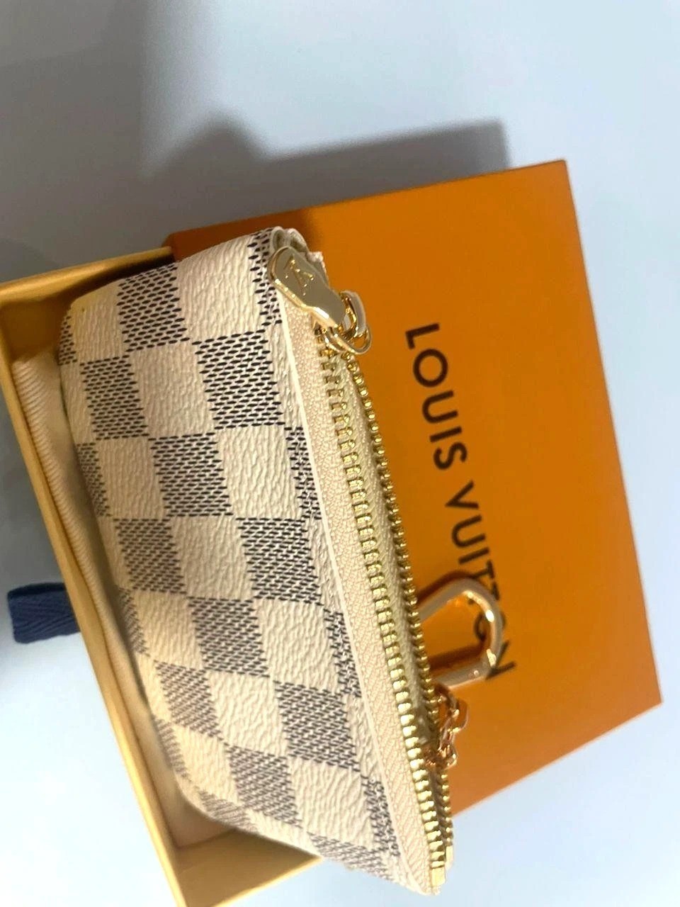 LOUIS VUITTON Azure Damier Ebene Coin Purse Key Pochette Cles with Box
