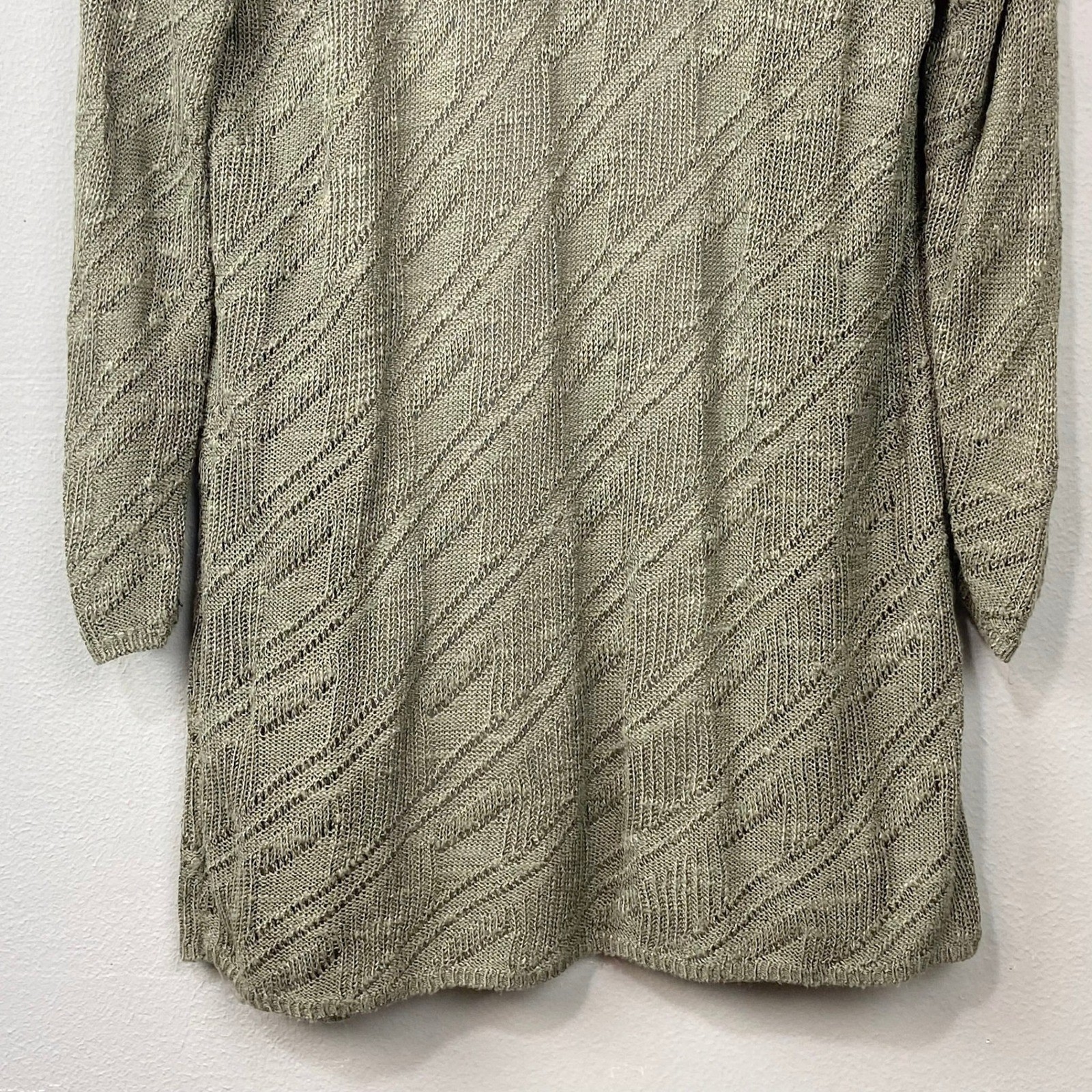 Chico’s Open Front Cardigan Sweater Women Sz L Olive Green Pointelle Linen Blend