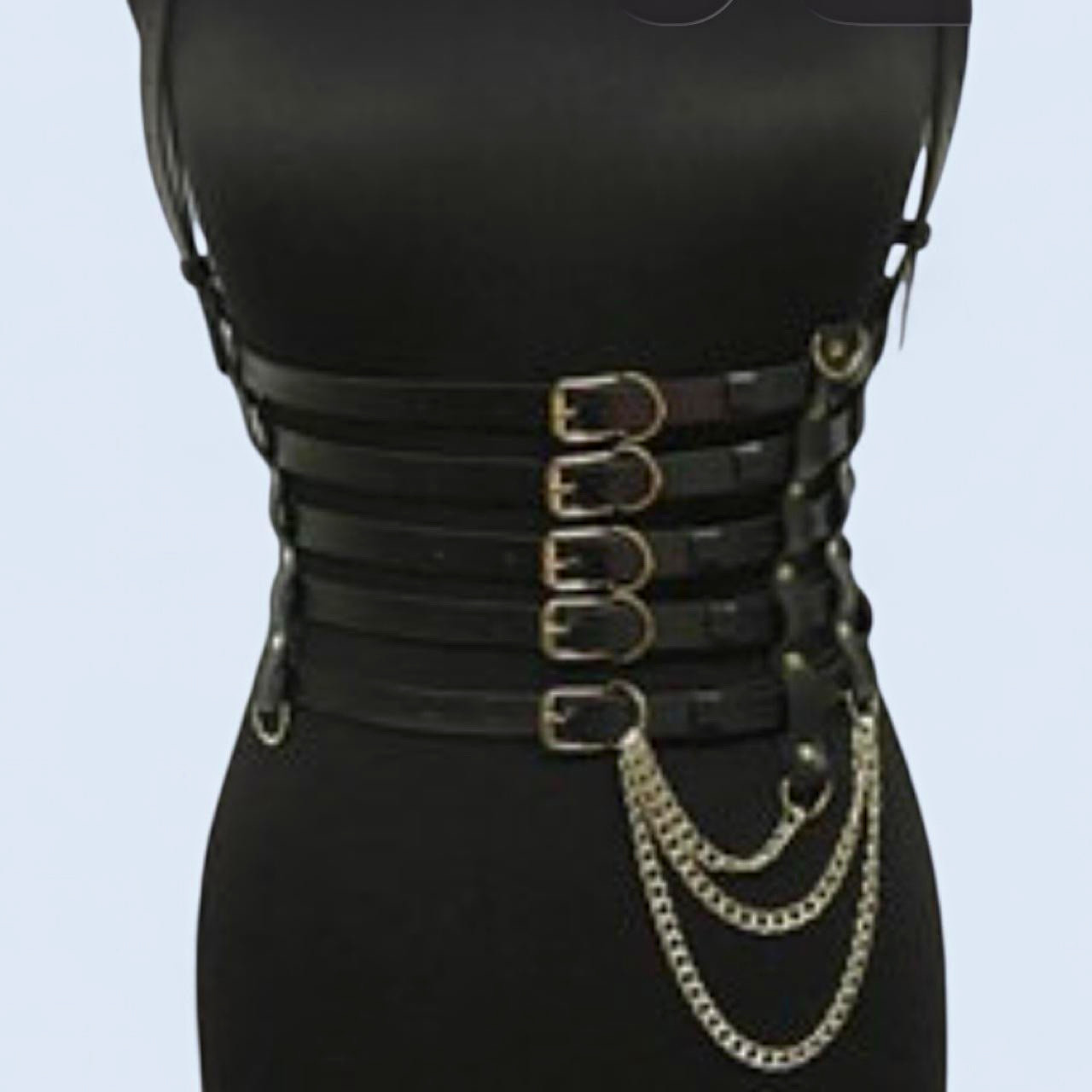 Women’s leather Gothic Black Multi-Strap Waist Buckles & Silver Chain, xs-s