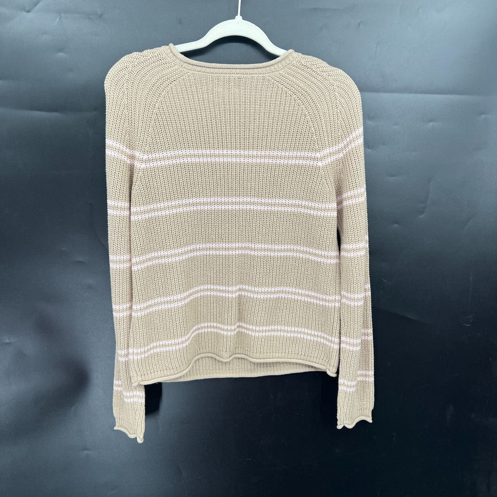 NEW preppy cozy beige pink striped roll neck cotton blend sweater minimalist S