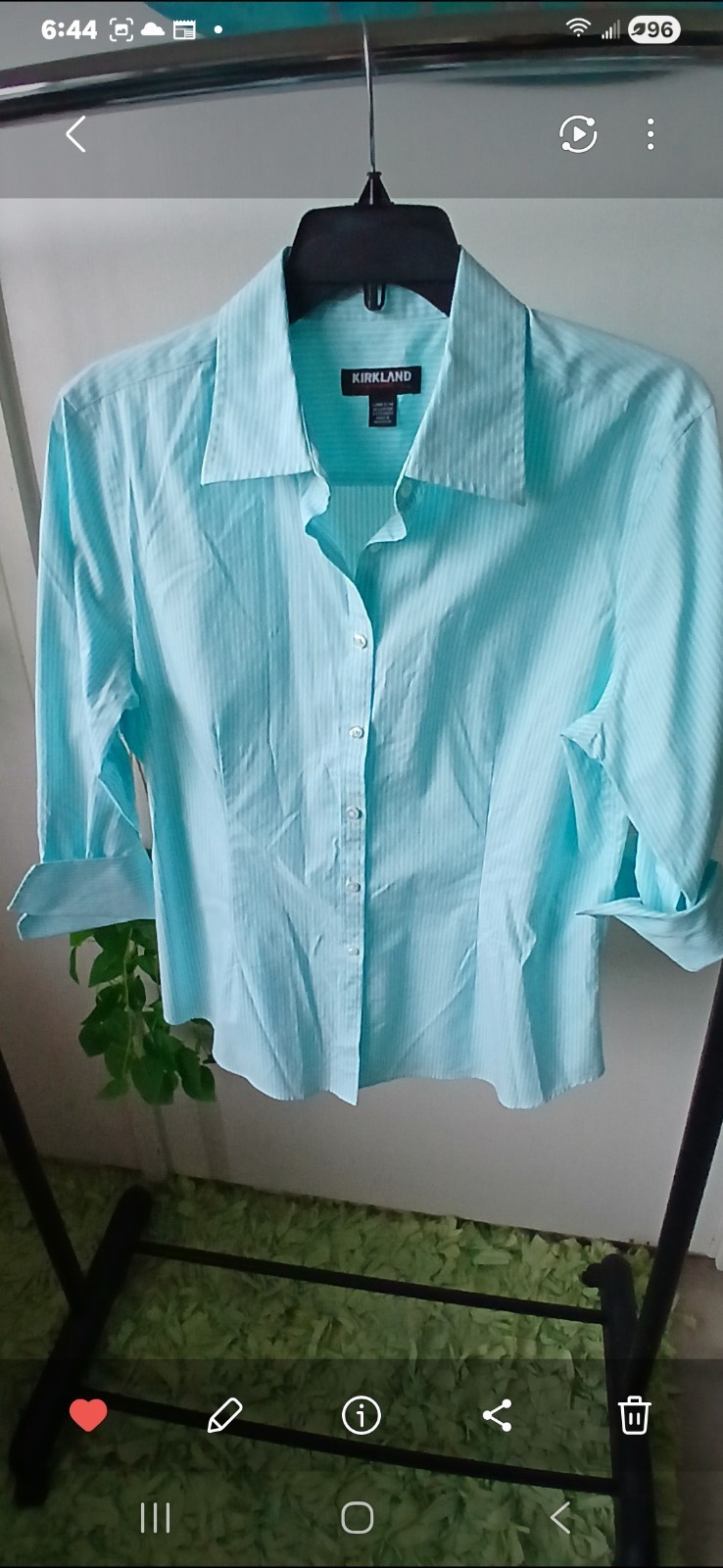Kirkland Turquoise and White Pin Stripe Tappered Shirt Sz Large Womens Classic