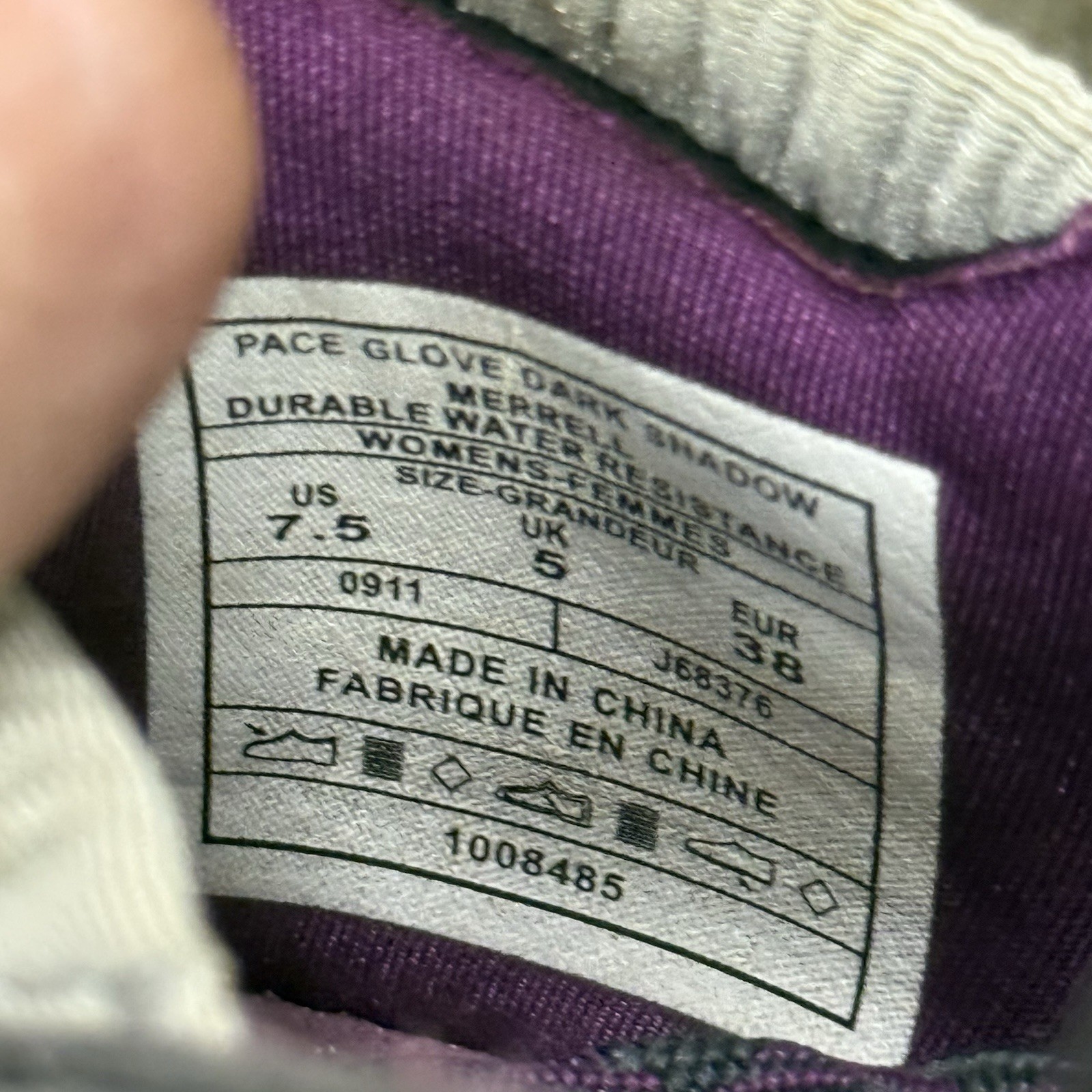 Merrell Pace Glove Dark Shadow Outdoor Hiking Shoe Womens 7.5 J68376 Gray Purple