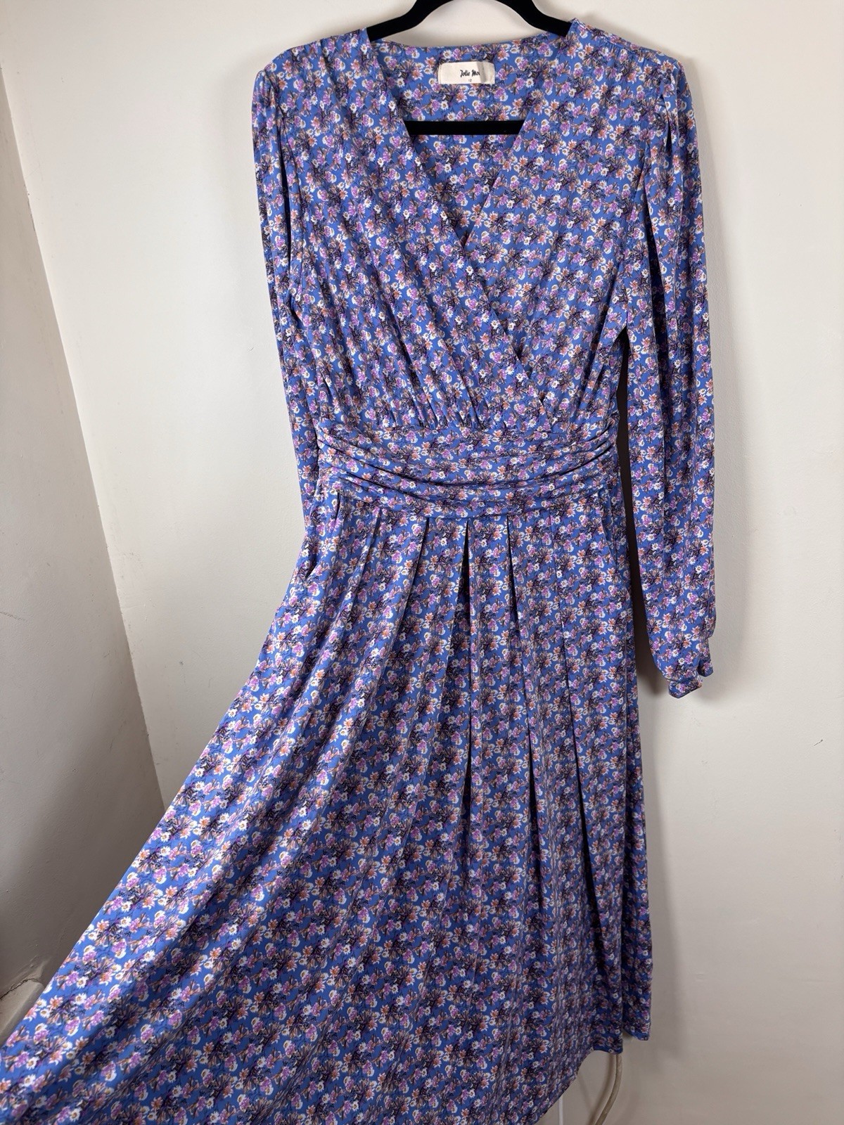 Jolie Moi UK 12 Tea Dress Stretchy Long Sleeved Blue Purple Floral Faux Wrap