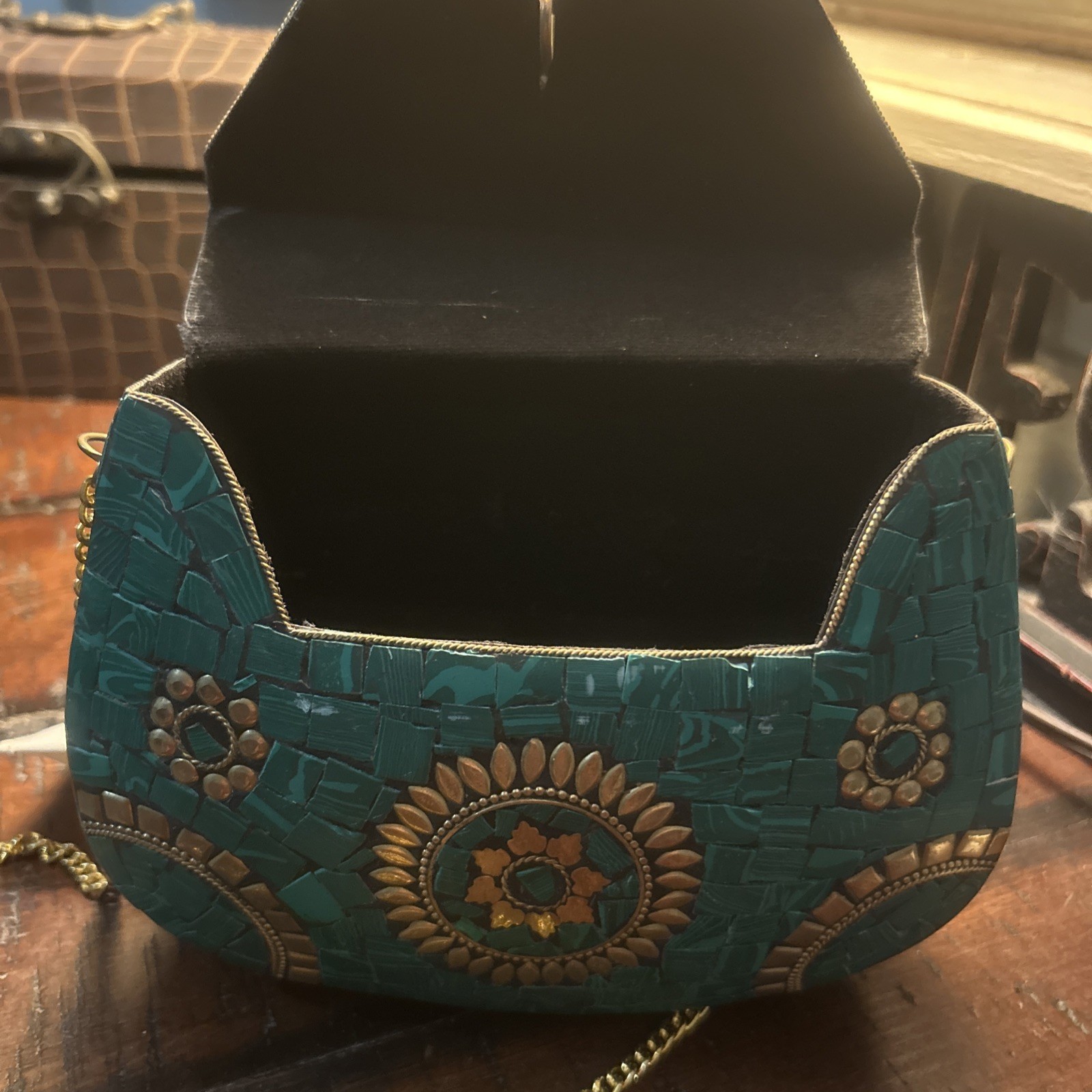 Unique Handcrafted Indian Handbag/ Turquoise Mosaic Stne Gld and Coper Details