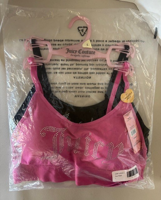 Two NWT Juicy Couture embellished studded logo bralette, pink and black SZ L