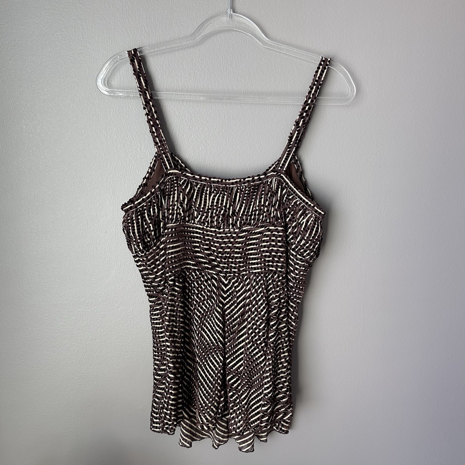 Anna Sui Spaghetti Strap Top Women’s 10 Brown Stripes Polka Dots Silk Blend