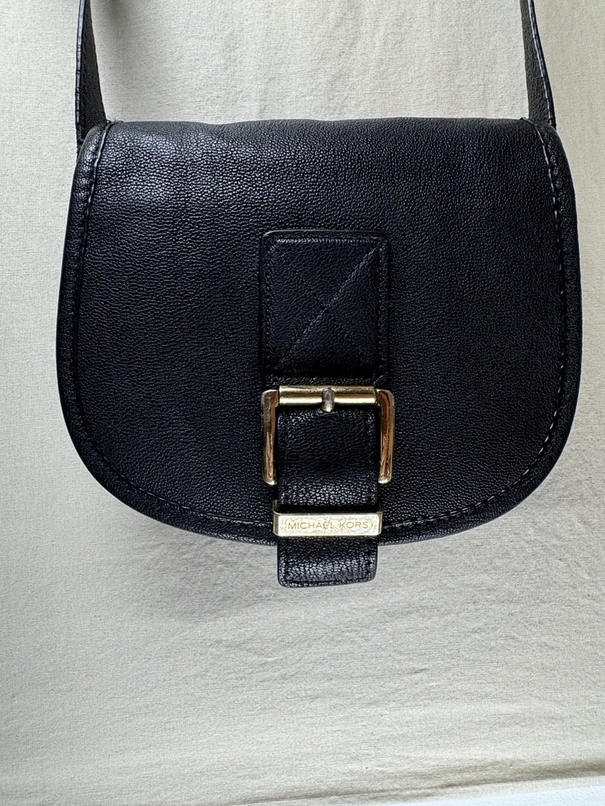 Michael Kors Black Leather Small Saddle Crossbody Bag Gold Buckle