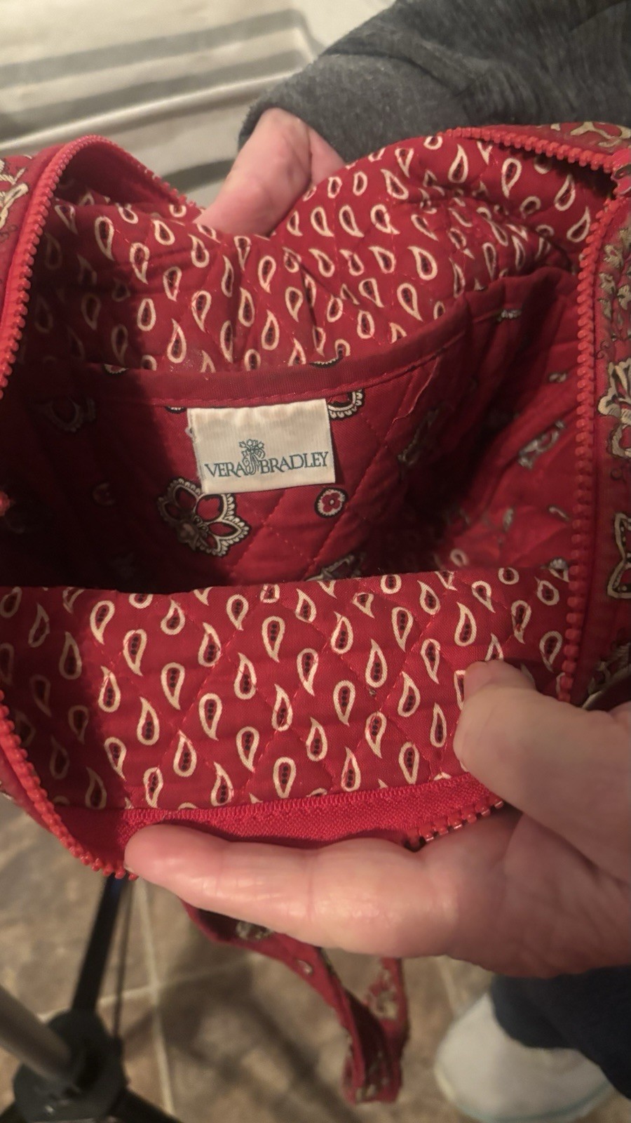 Vera Bradley Red Quilted Paisley Zip Tote Bag w/ Inner Pockets Double Handles