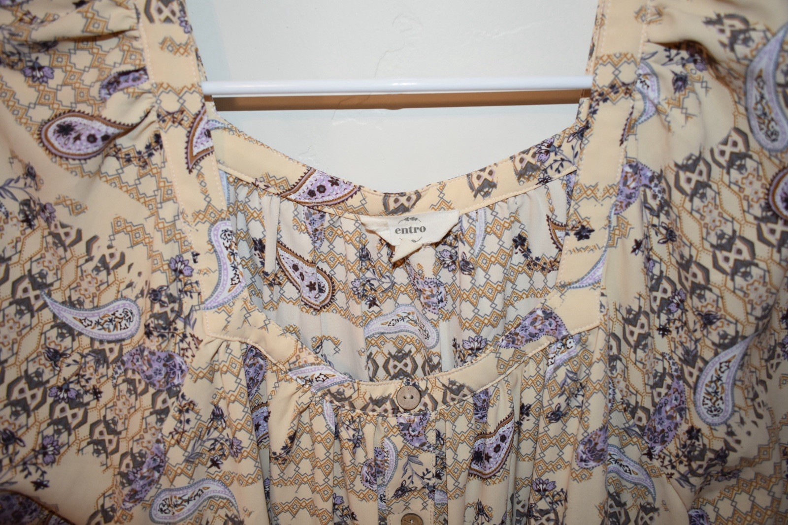 Entro Beige/Purple Paisley Square Neck 3/4 Sleeve Mini Dress, Size S
